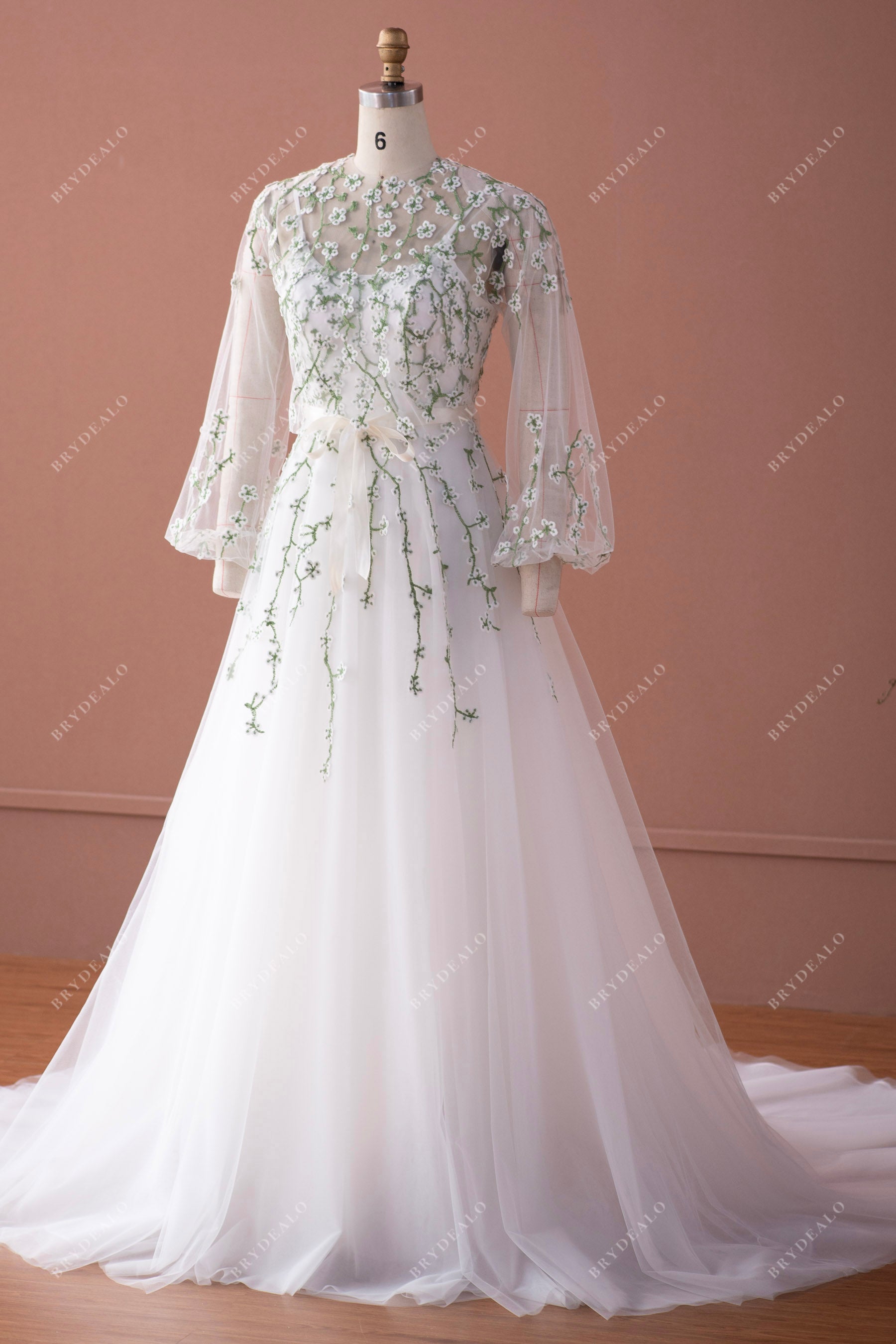 spring floral lace high neck A-line wedding dress