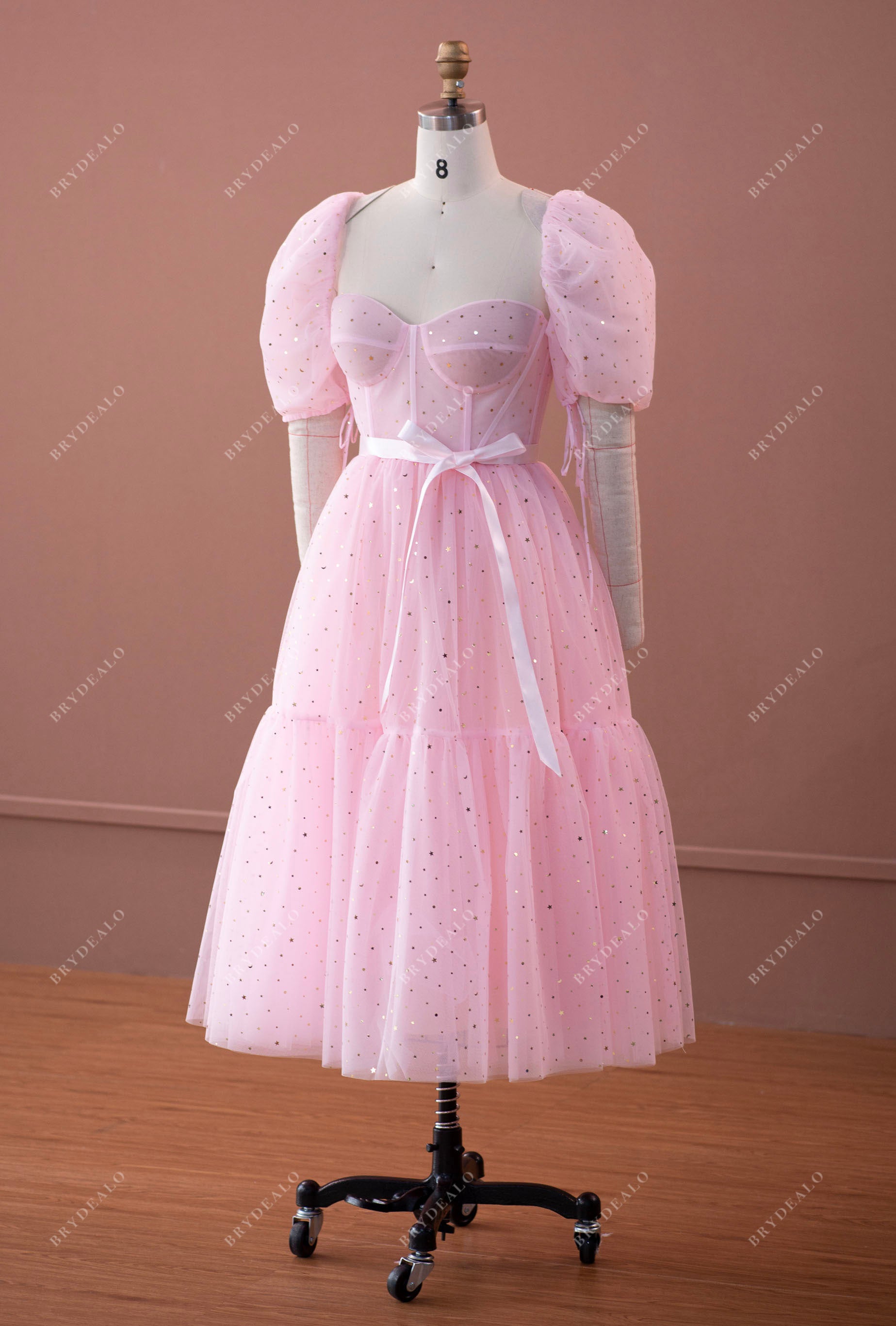 bubble sleeve corset pink formal gown