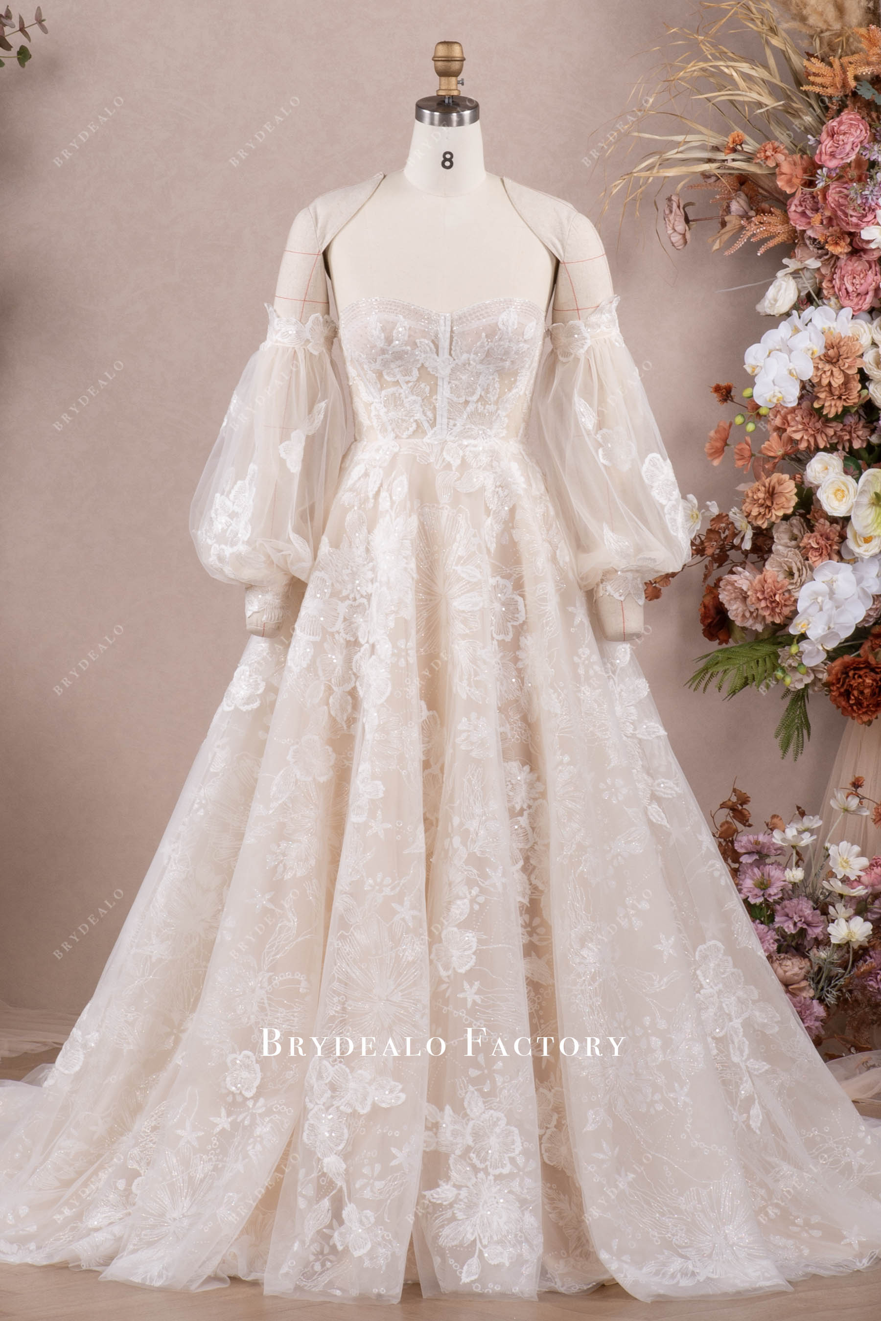 designer bubble sleeve sweetheart Aline wedding dress