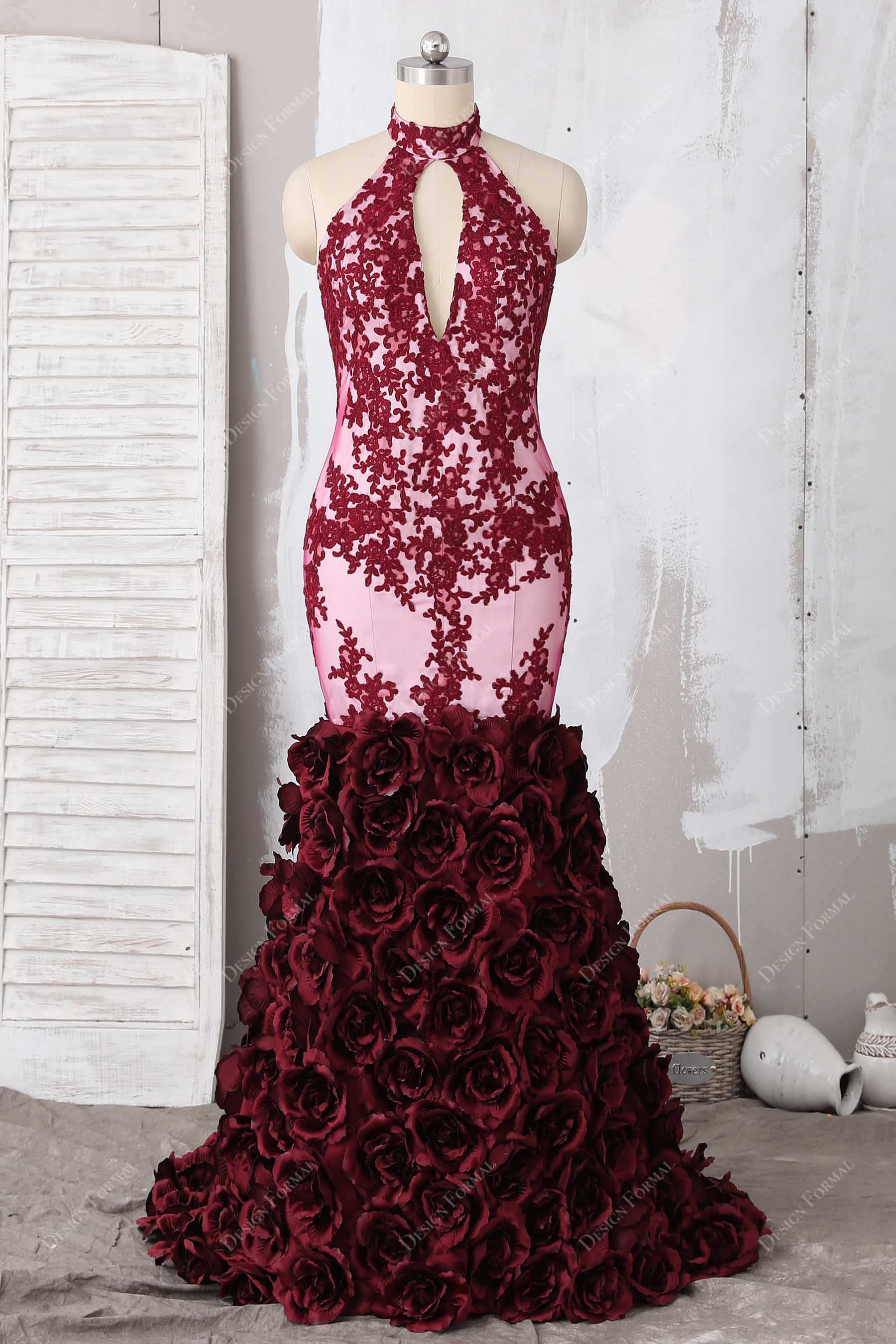 burgundy 3D flowers over ivory trumpet prom dress