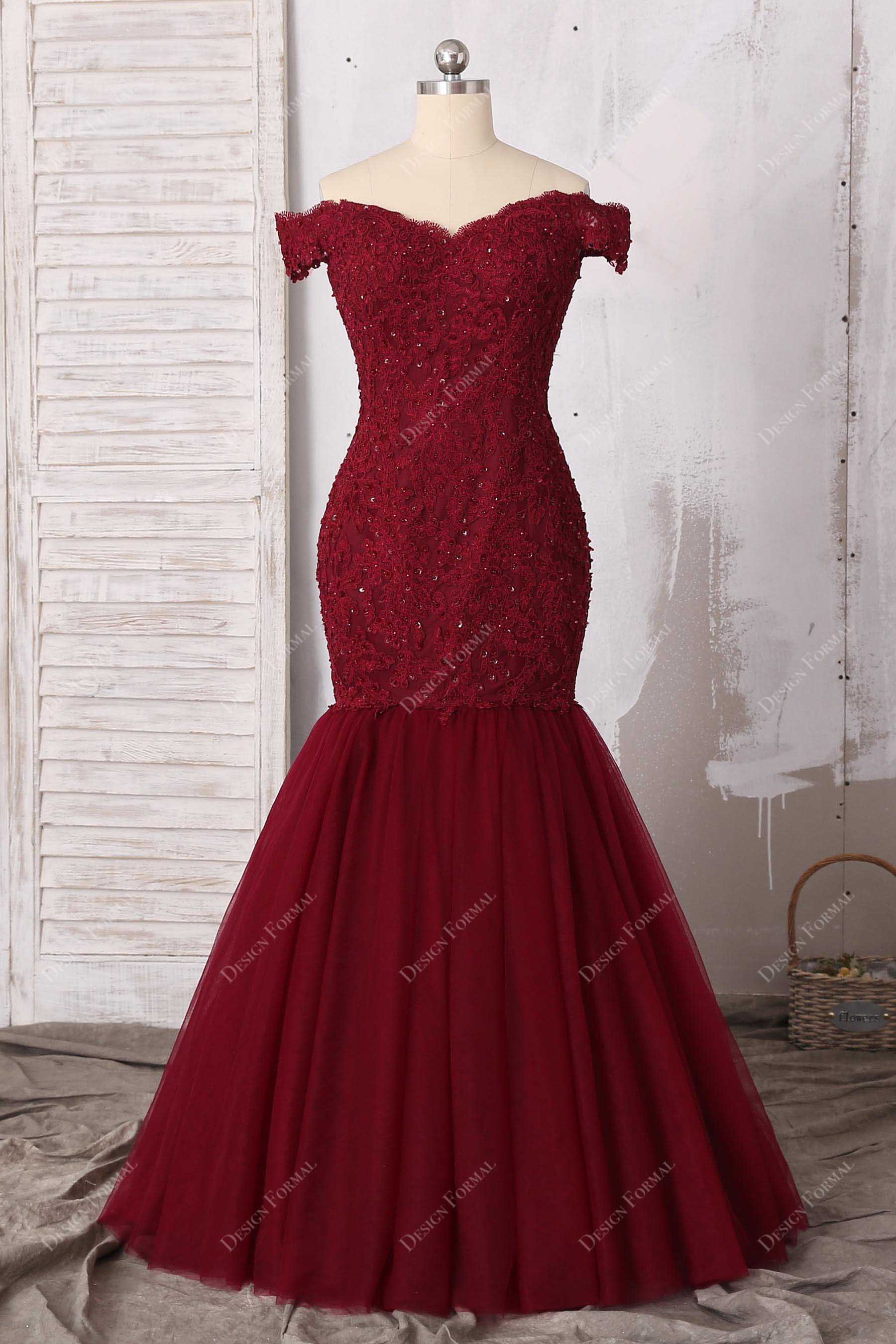 burgundy beaded lace off-shoulder trumpet prom dress