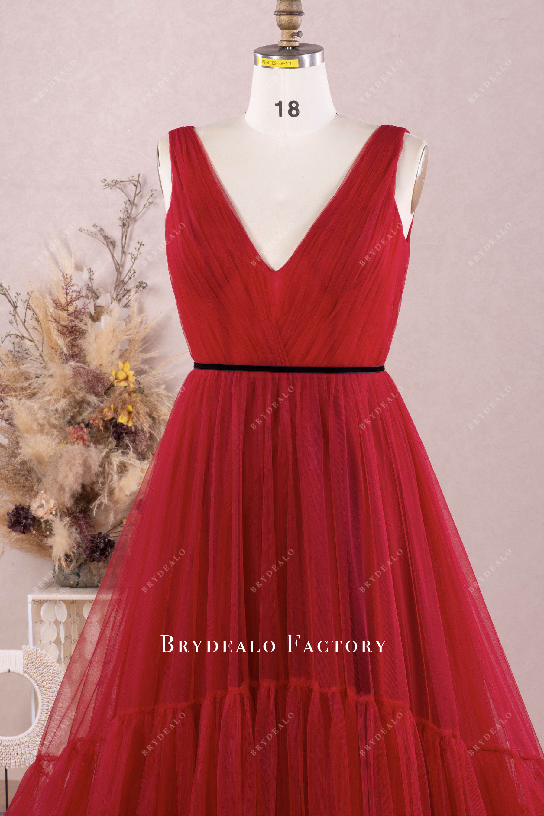 burgundy deep V-neck sleeveless bridesmaid dress