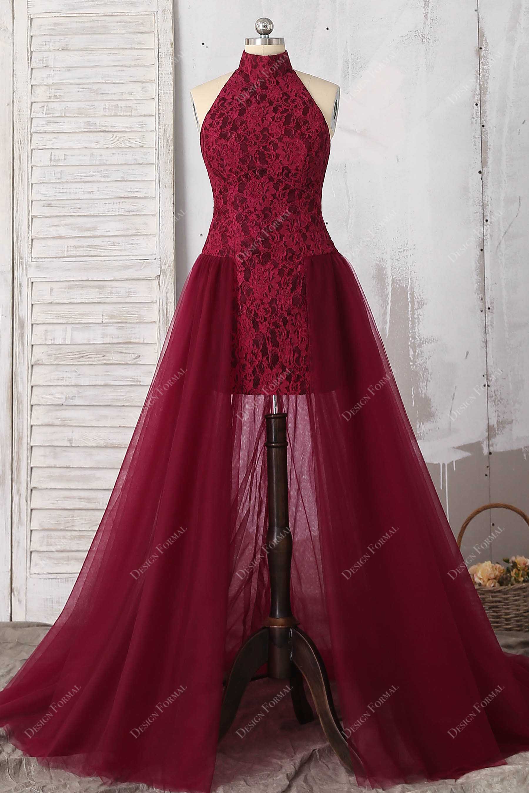 burgundy halter lace slit tulle prom dress