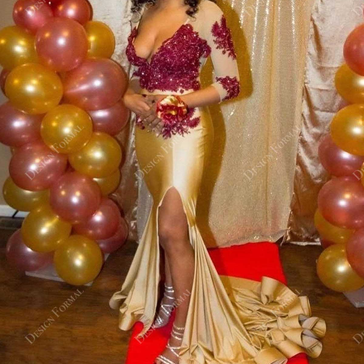 Burgundy Lace Gold Jersey V-neck Made-to-Order Mermaid Prom Dress Burgundy Lace Gold Jersey V-neck Made-to-Order Mermaid Prom Dress