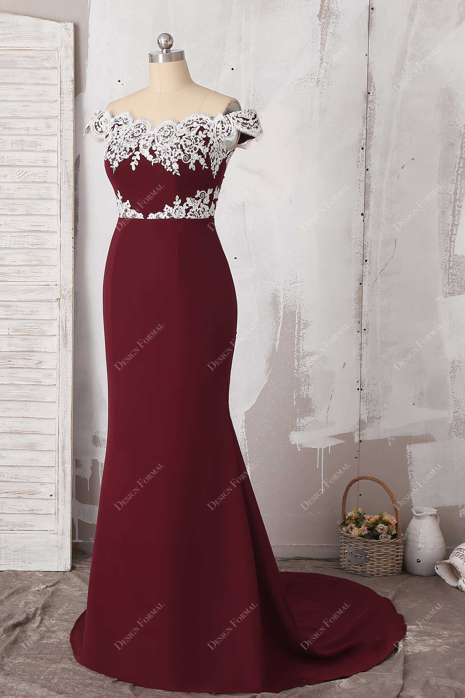 burgundy matte jersey lace bridesmaid gown
