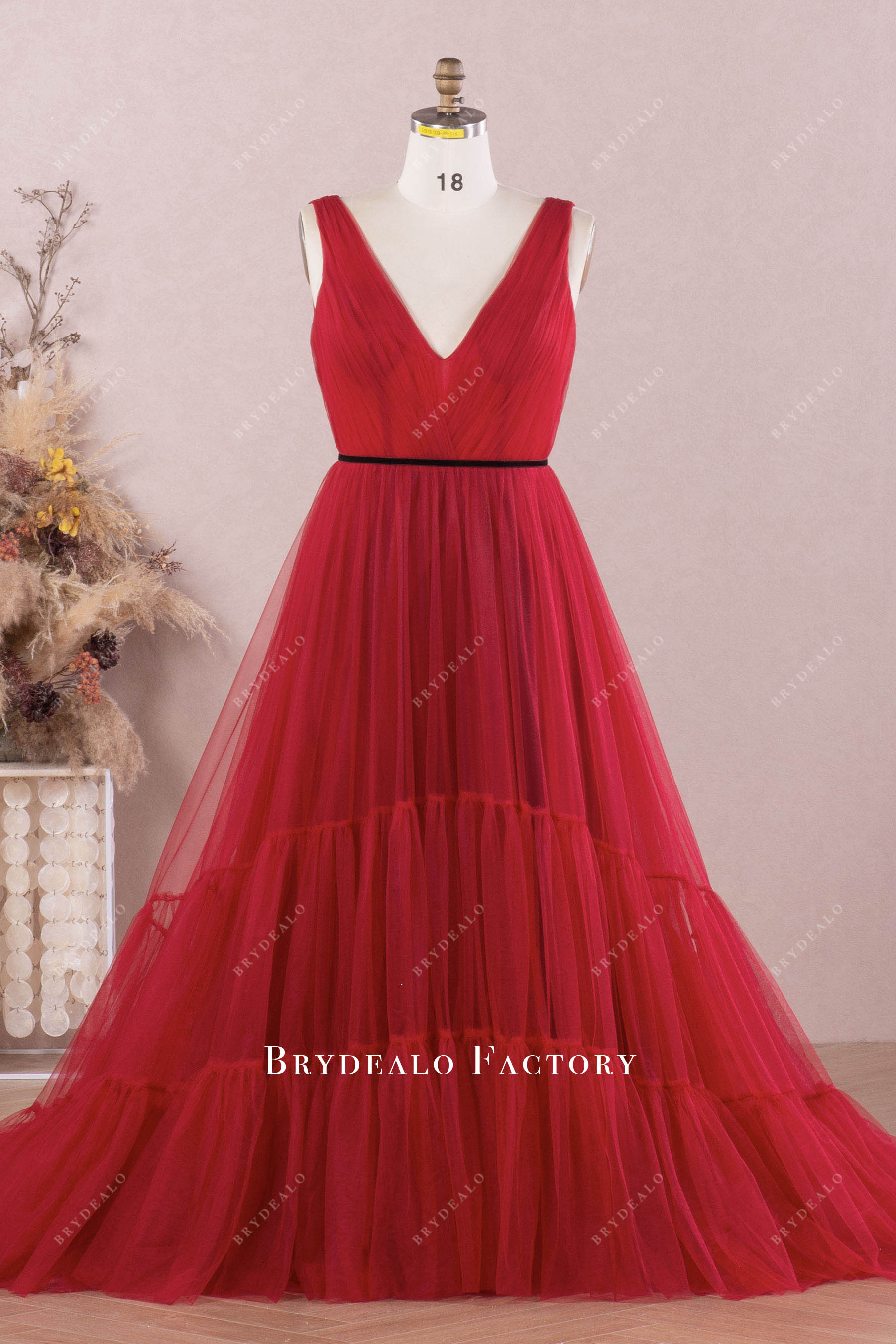 plus size burgundy tulle V-neck bridesmaid dress