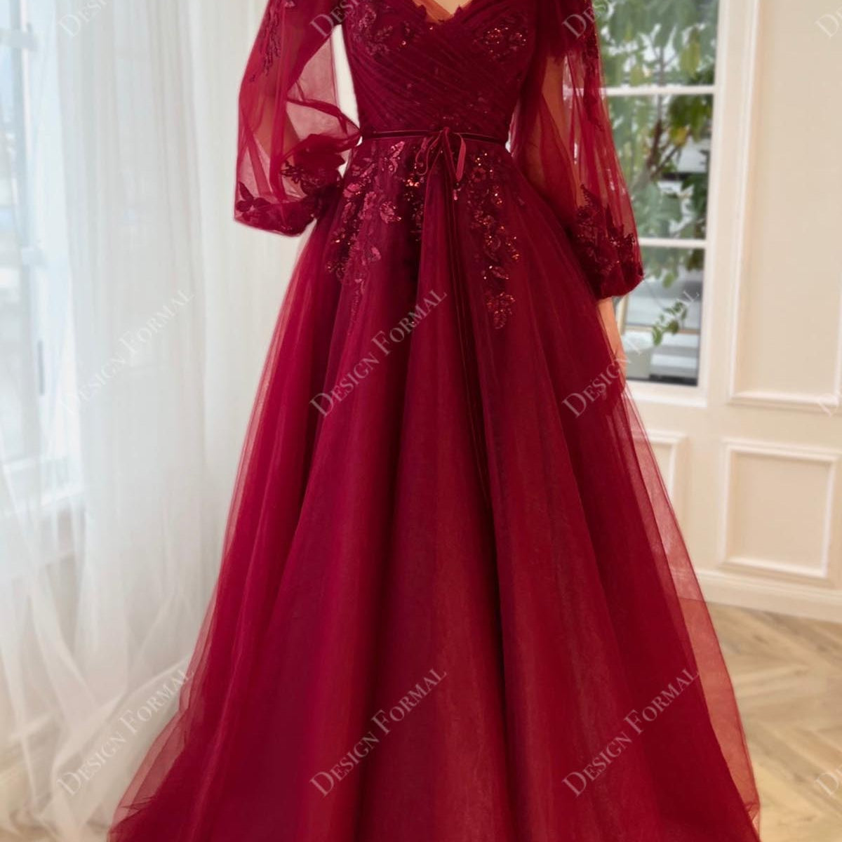 Burgundy Sequin Tulle Custom V-Neck A-Line Formal Dress