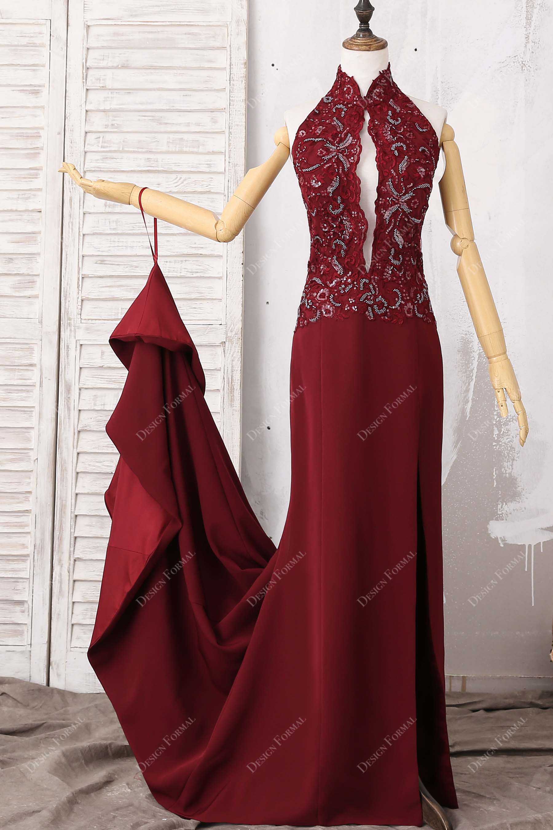 burgundy sequined lace mermaid satin prom dress