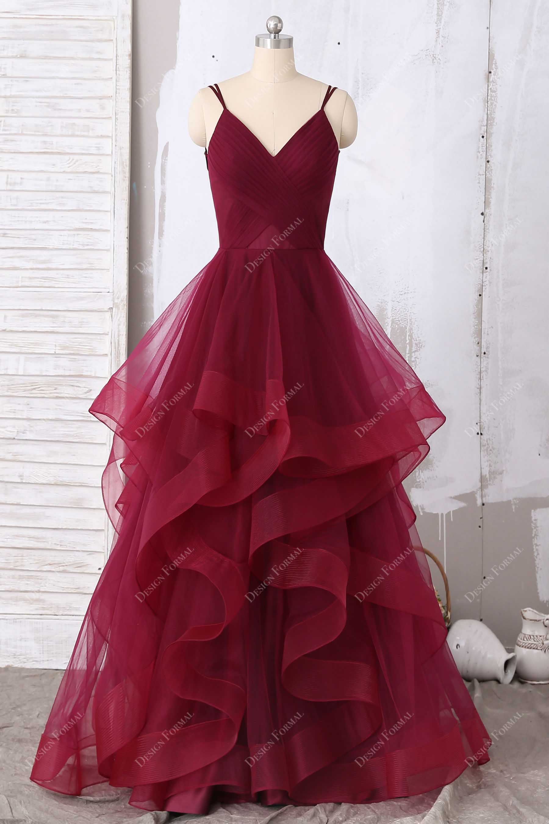 Ruffled Burgundy Tulle Pleated V-neck Designer Prom Gown