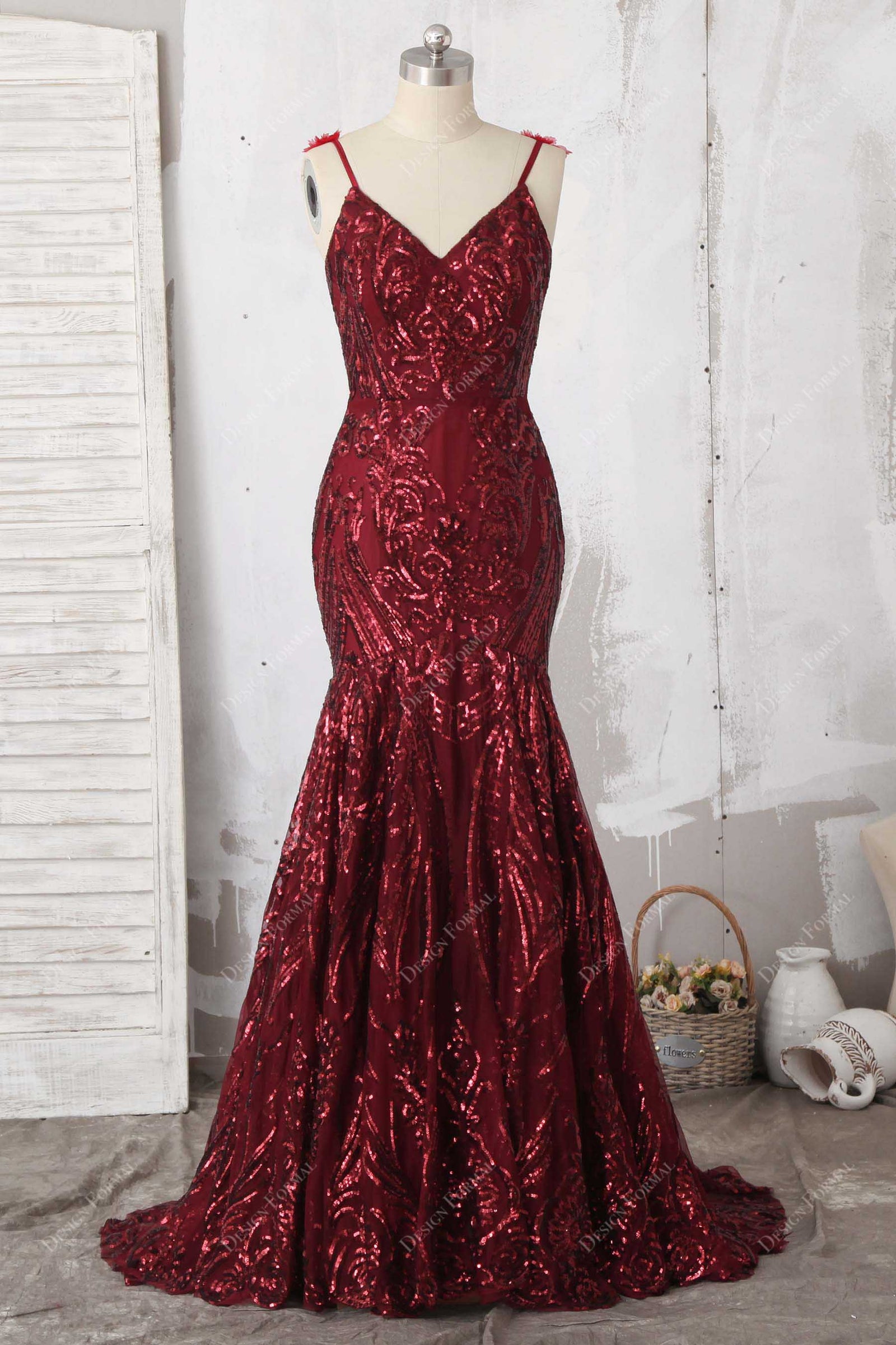 Elegant Burgundy High Collar Long Sleeve Sequin Mermaid Prom Dress main image 1