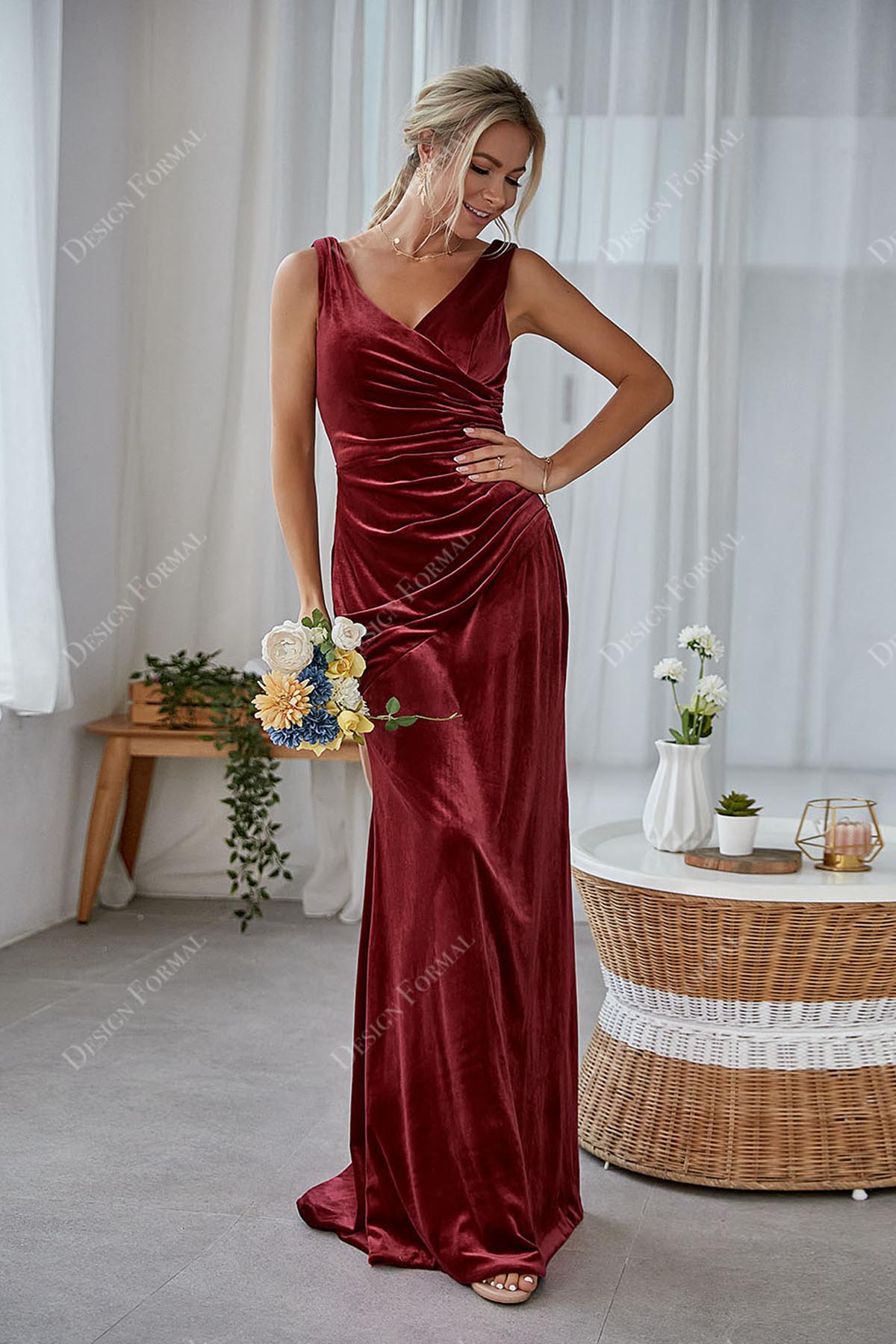 burgundy V-neck ruched bridesmaid gown