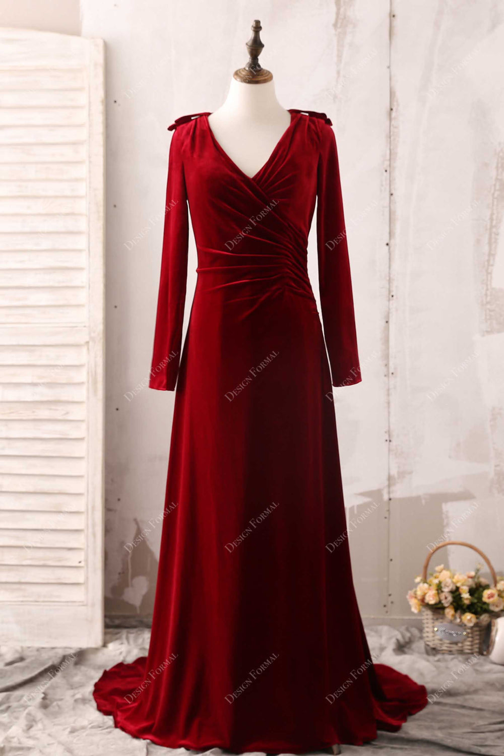 Wine Velvet Long Sleeve V-neck Elegant A-line Bridesmaid Evening Dress