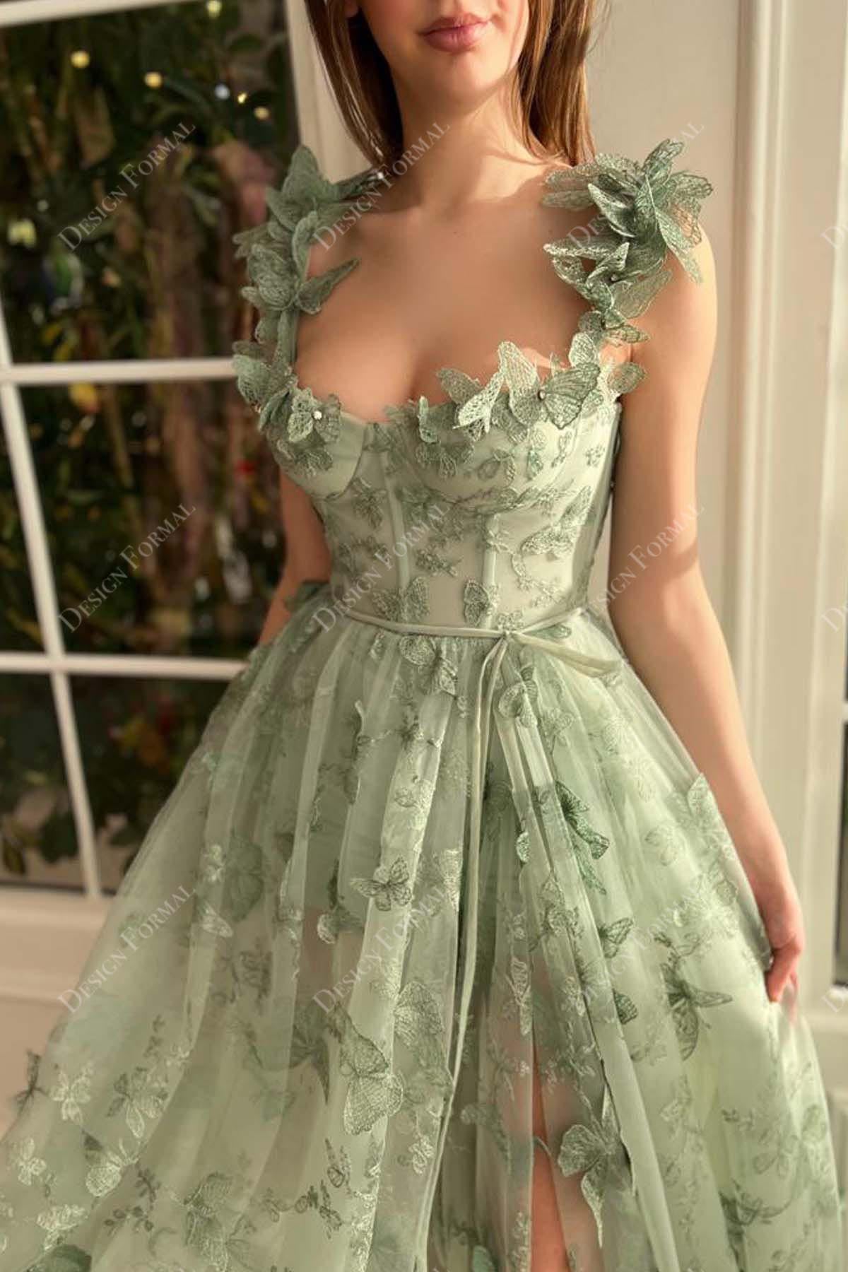 Butterfly Lace Straps Corset Sage Custom Slit A-line Fairytale Dress