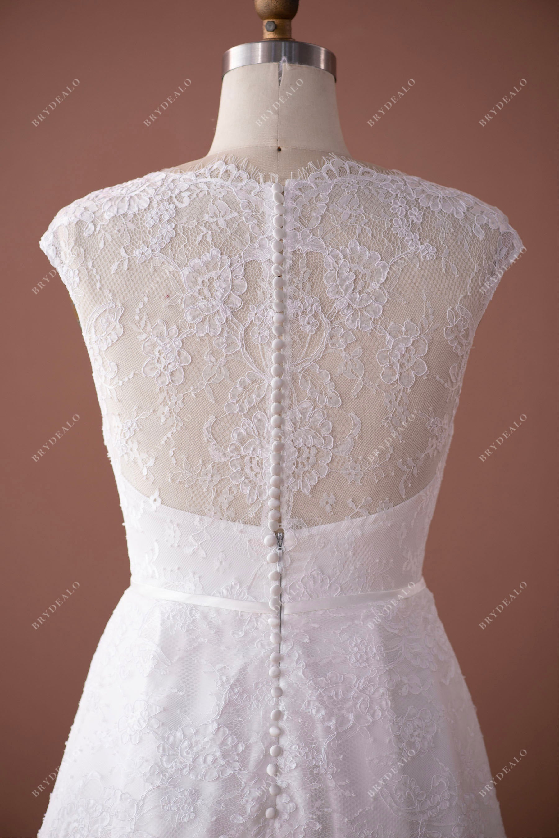 sheer lace back scalloped high neck informal back wedding gown