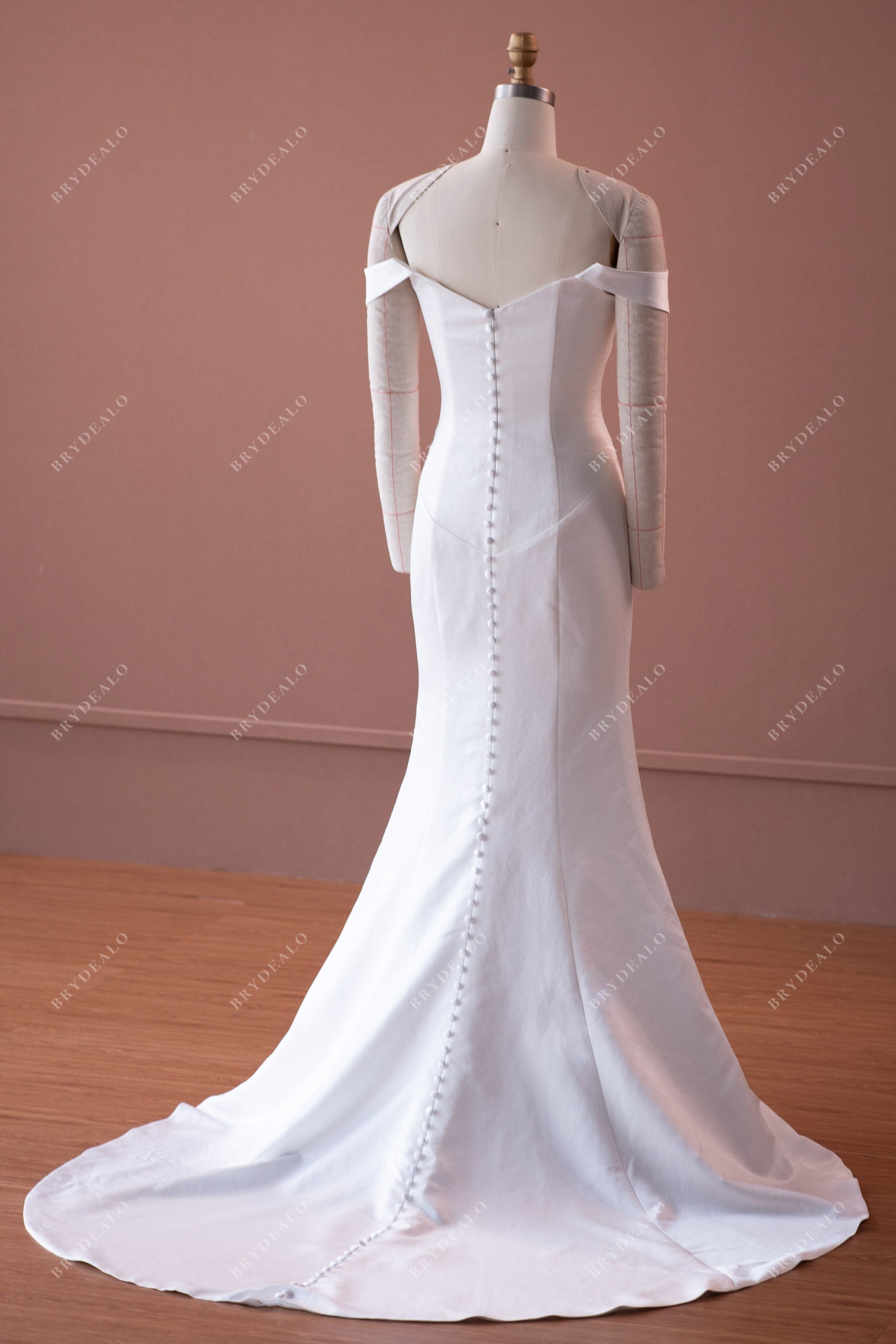 buttoned court train elegant satin wedding gown