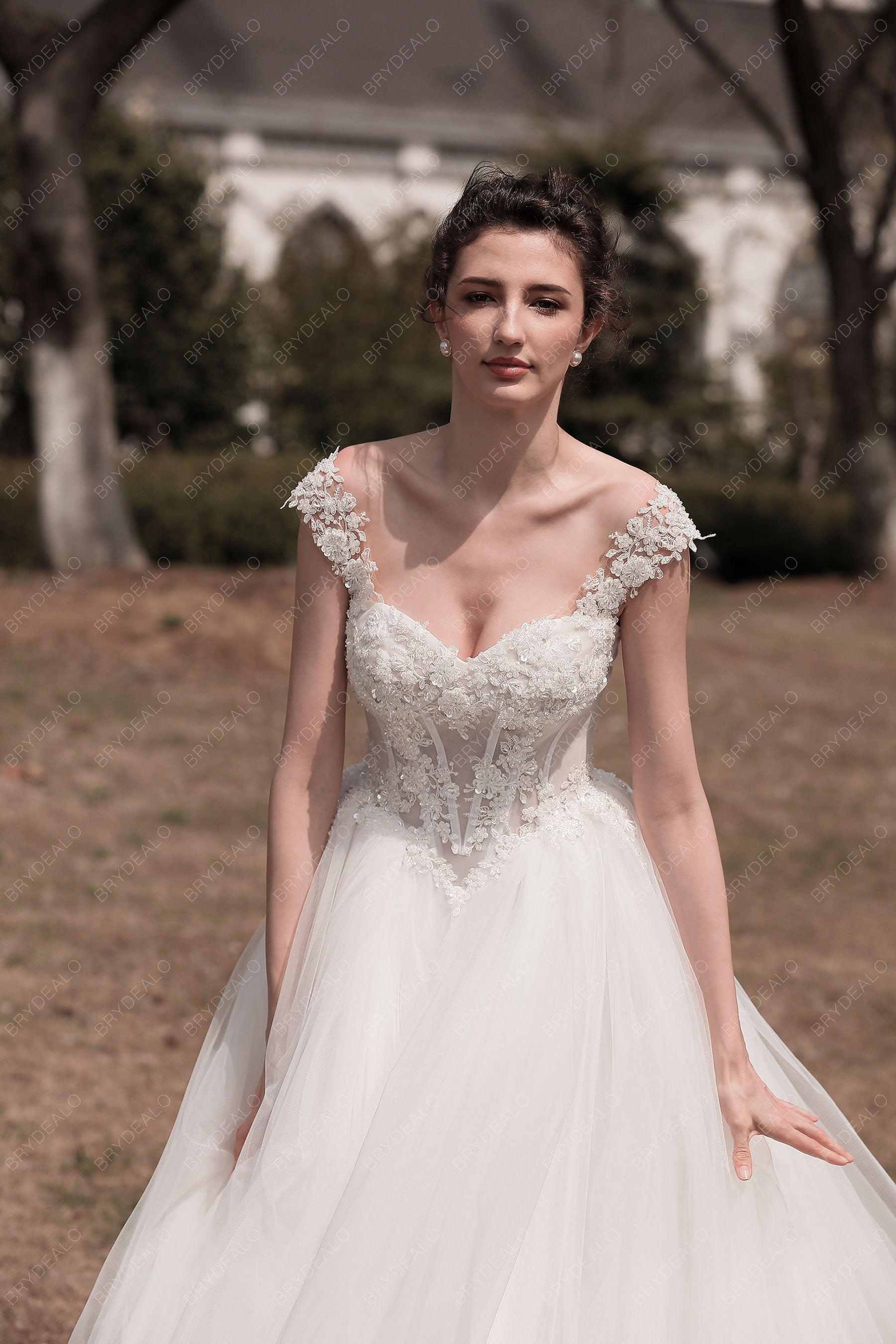 cap sleeves beaded lace basque waist outdoor wedding dress