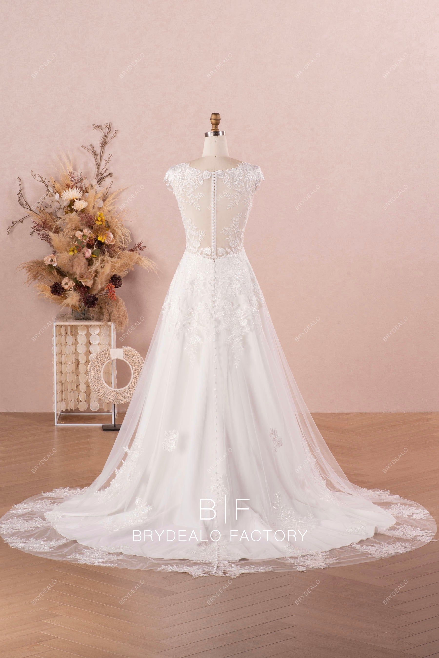 cap sleeve illusion back lace destination overskirt wedding gown