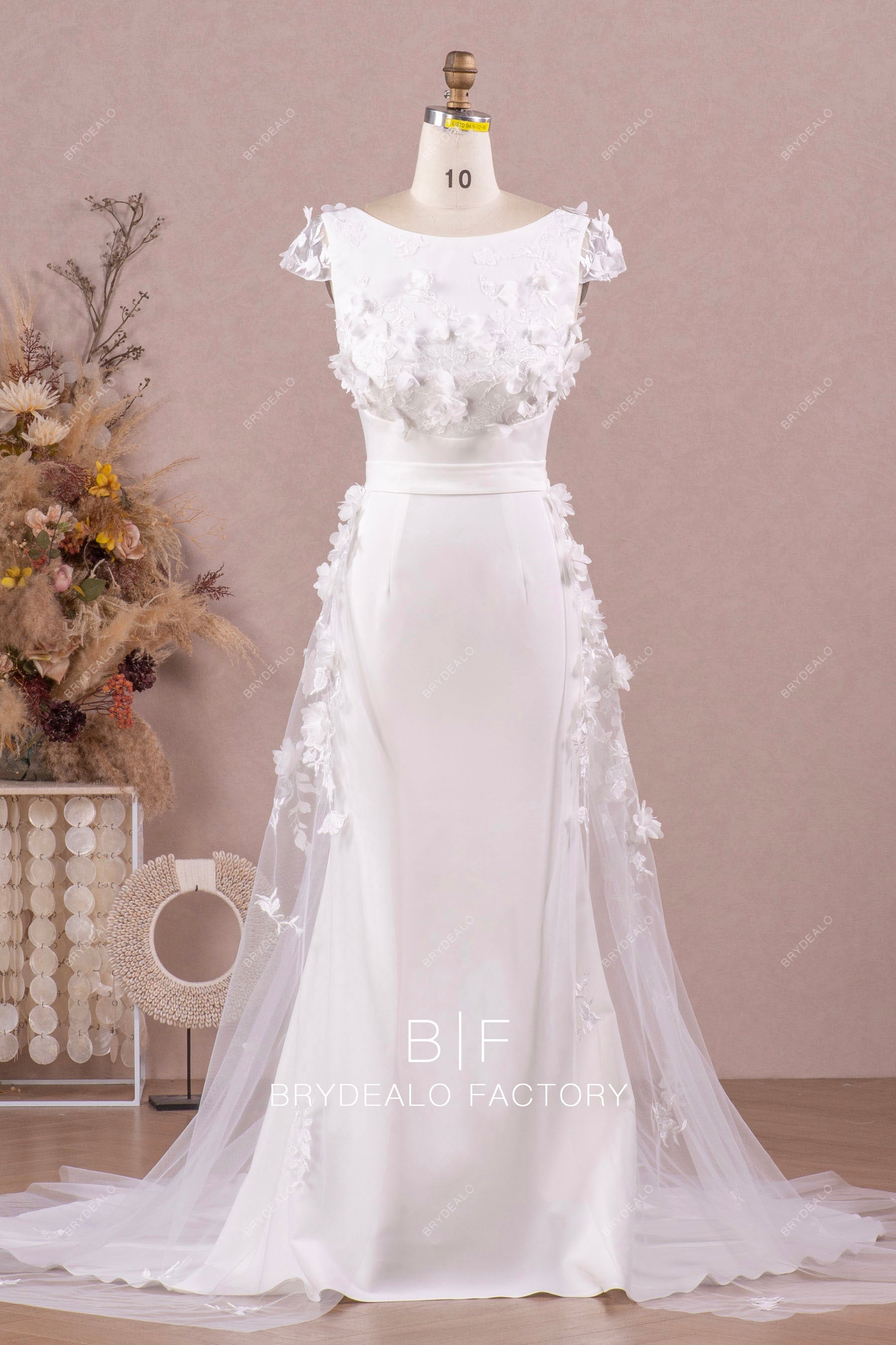 White Crepe Mermaid Bridal Dress with 3D Flowers Overskirt