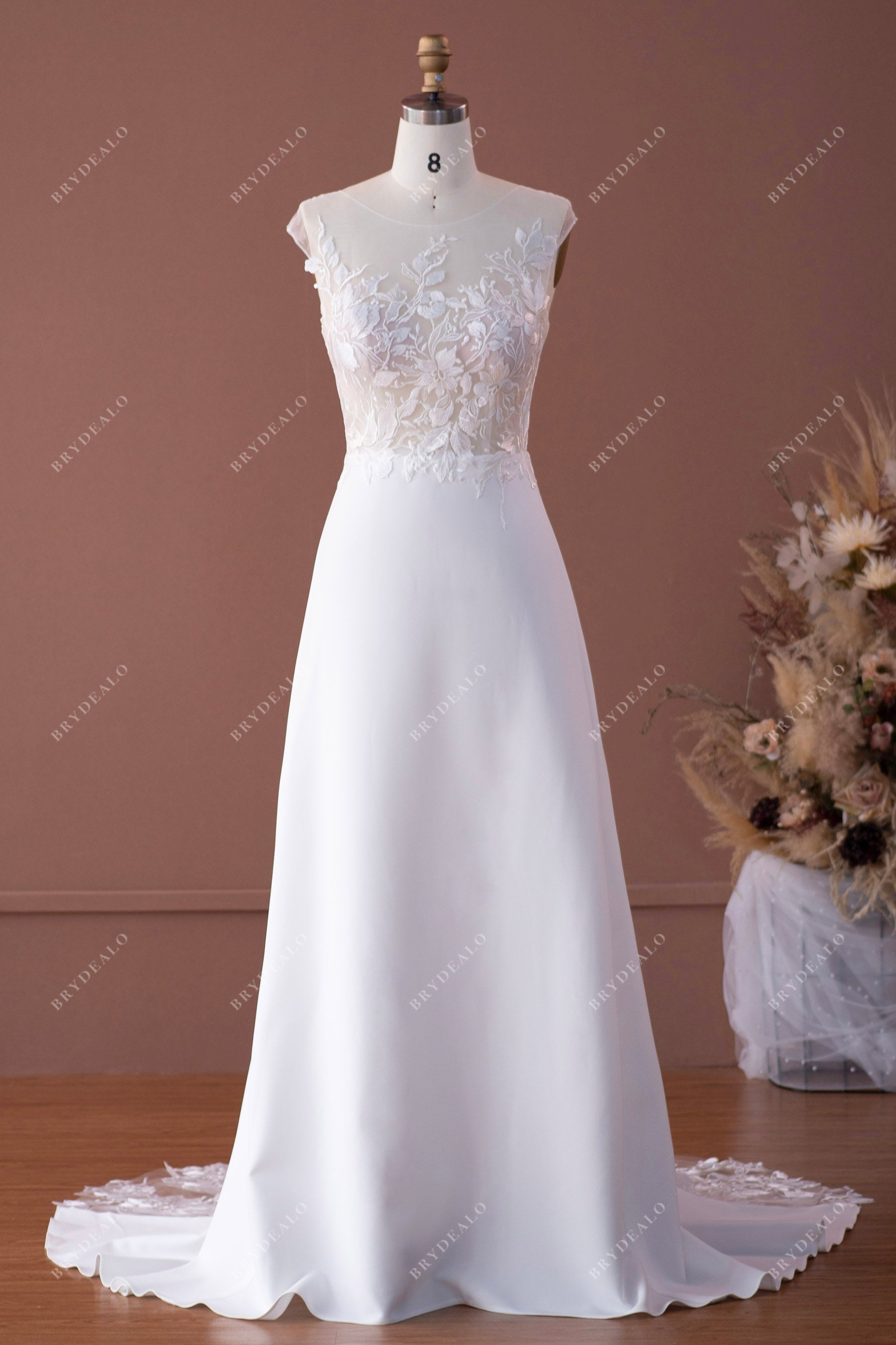 Elegant Cap Sleeve Lace Crepe Mermaid Spring Fall Bridal Gown