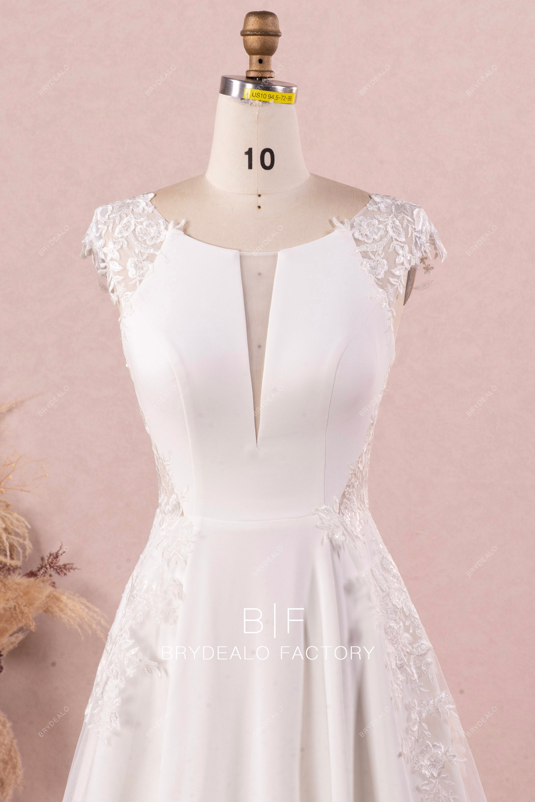 sheer cap sleeve V-cut boat neck elegant crepe wedding dress