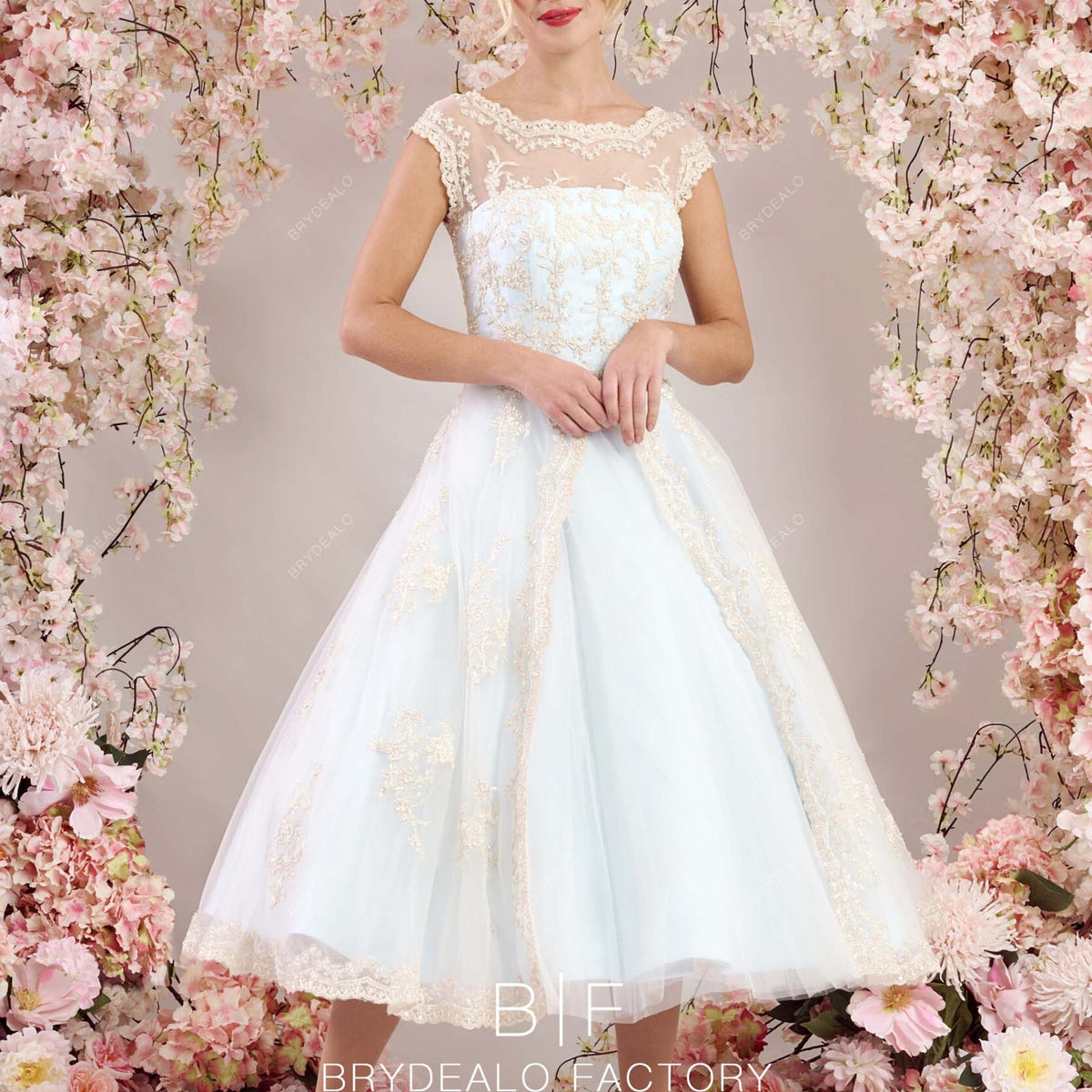 Champagne Lace Overlaid Blue Tea Length Vintage Wedding Dress