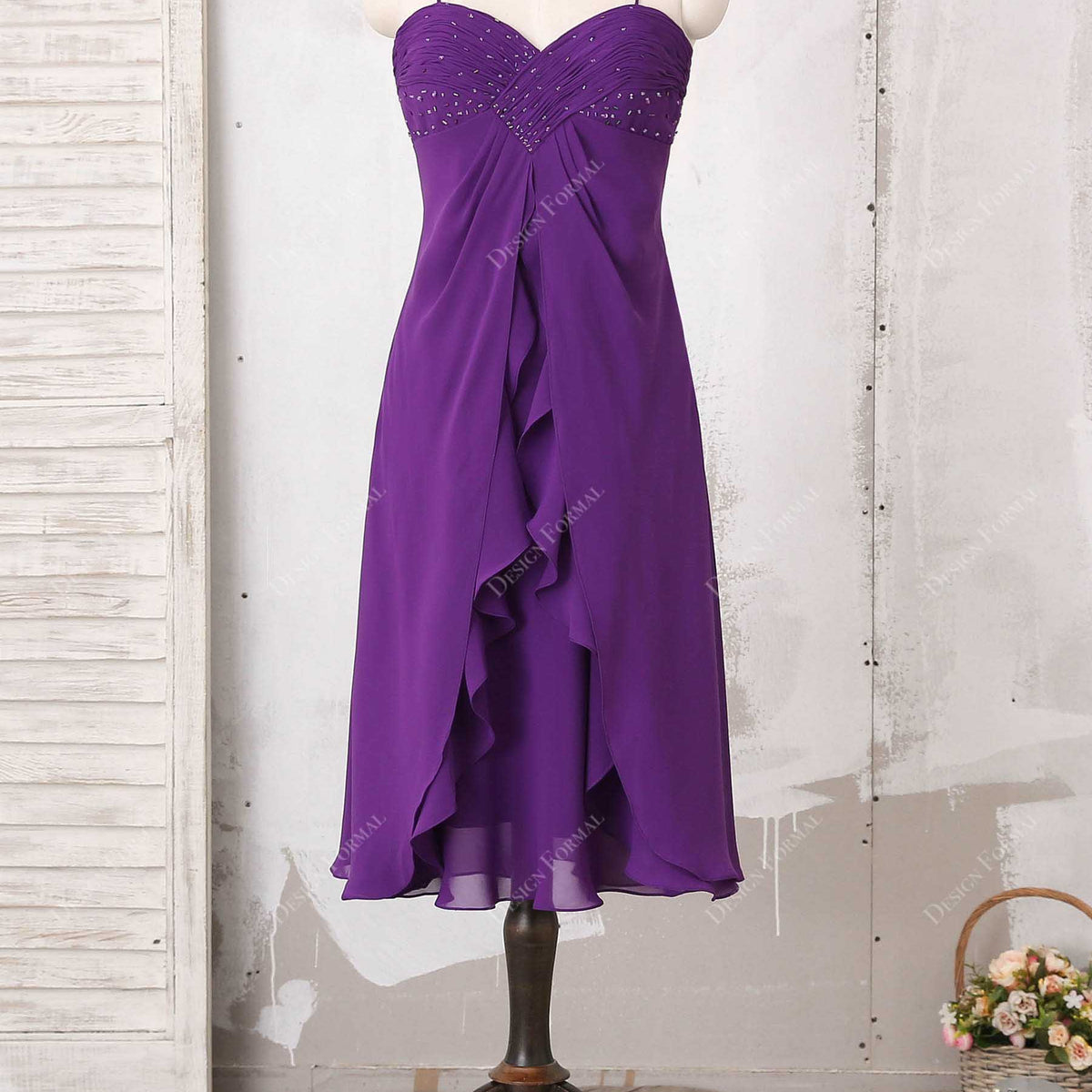 blue dress for baby girl Purple Chiffon Beaded Straps Knee Length Homecoming Bridesmaid Dress