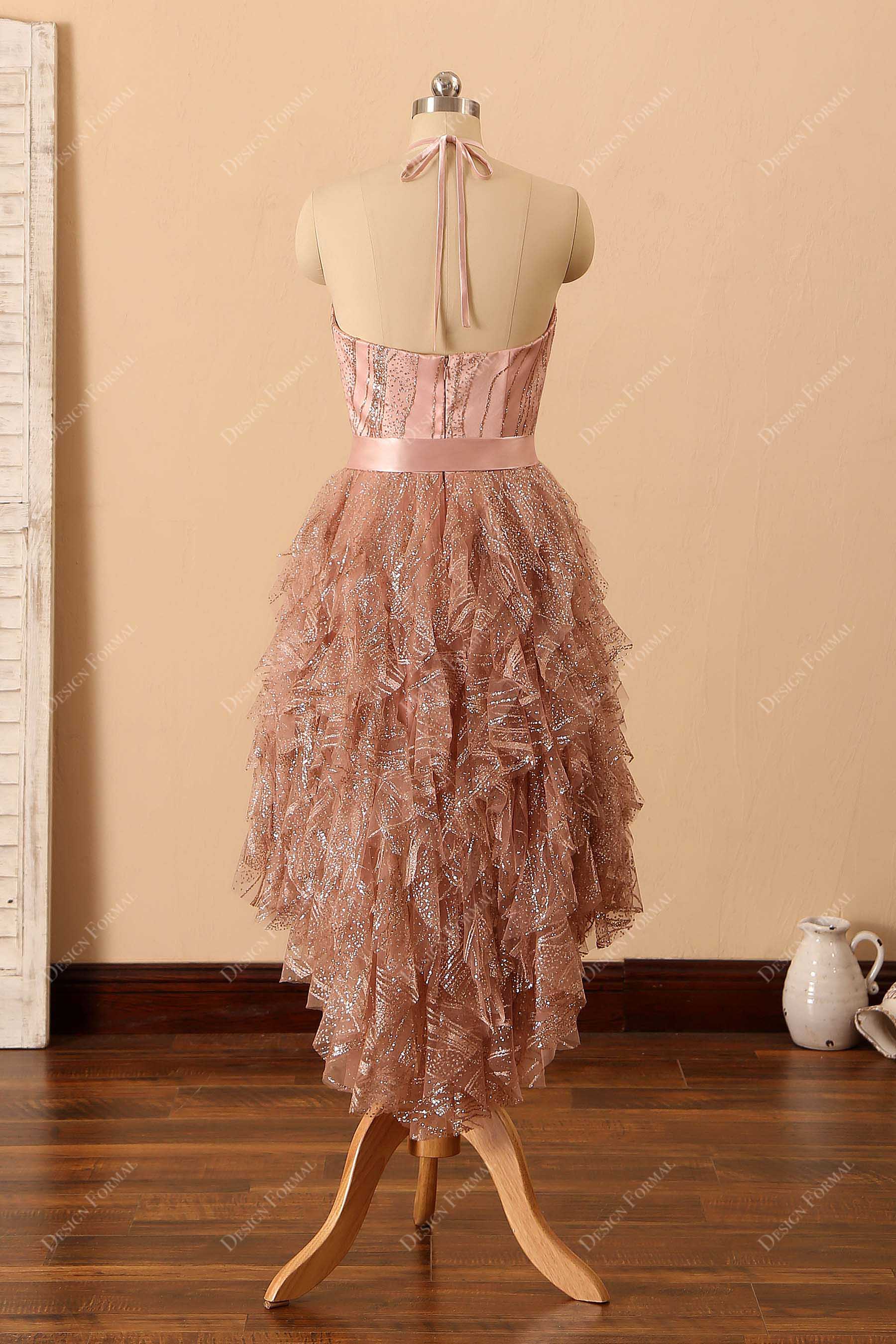 cascading ruffles A-line rose gold prom dress