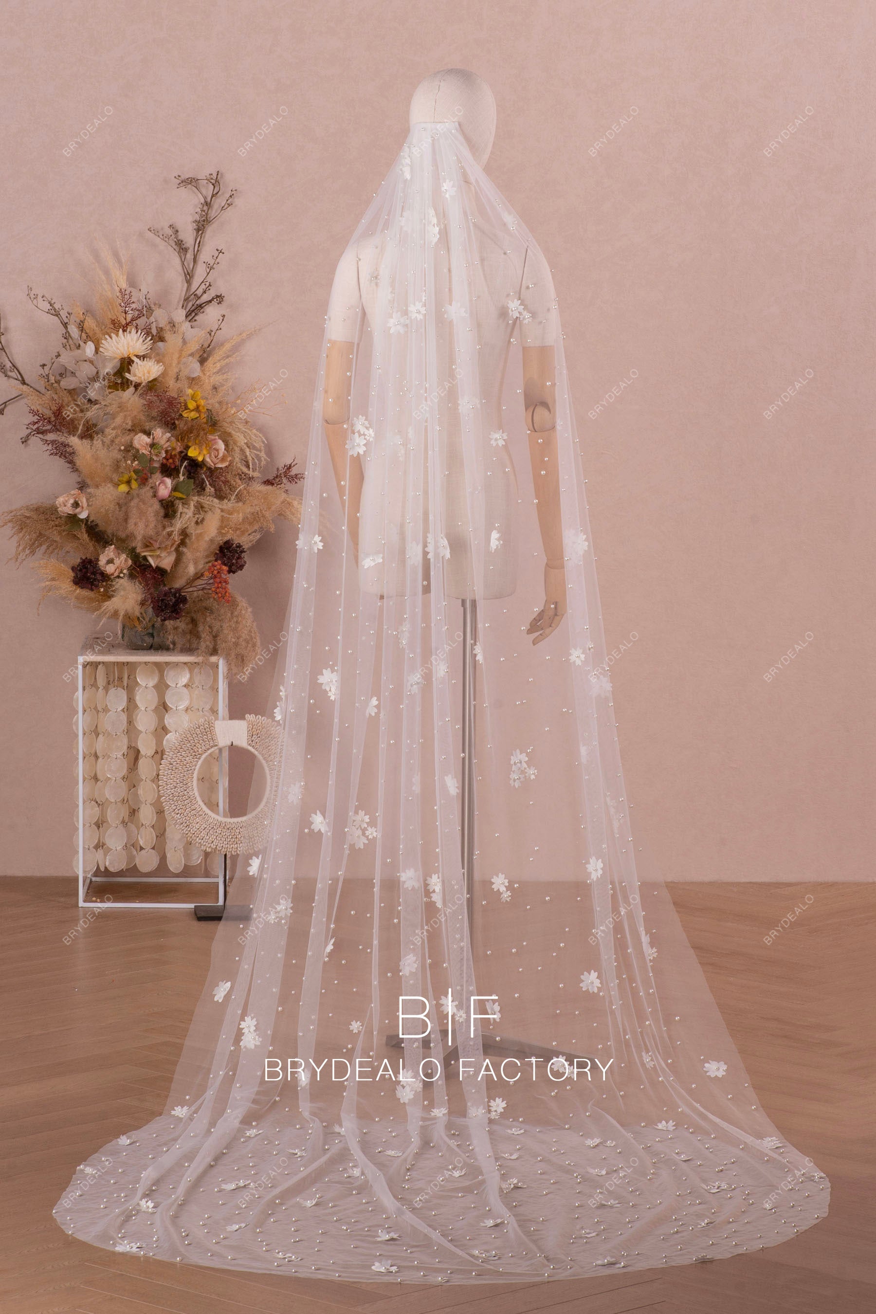 cathedral length flower pearl single tier long veil