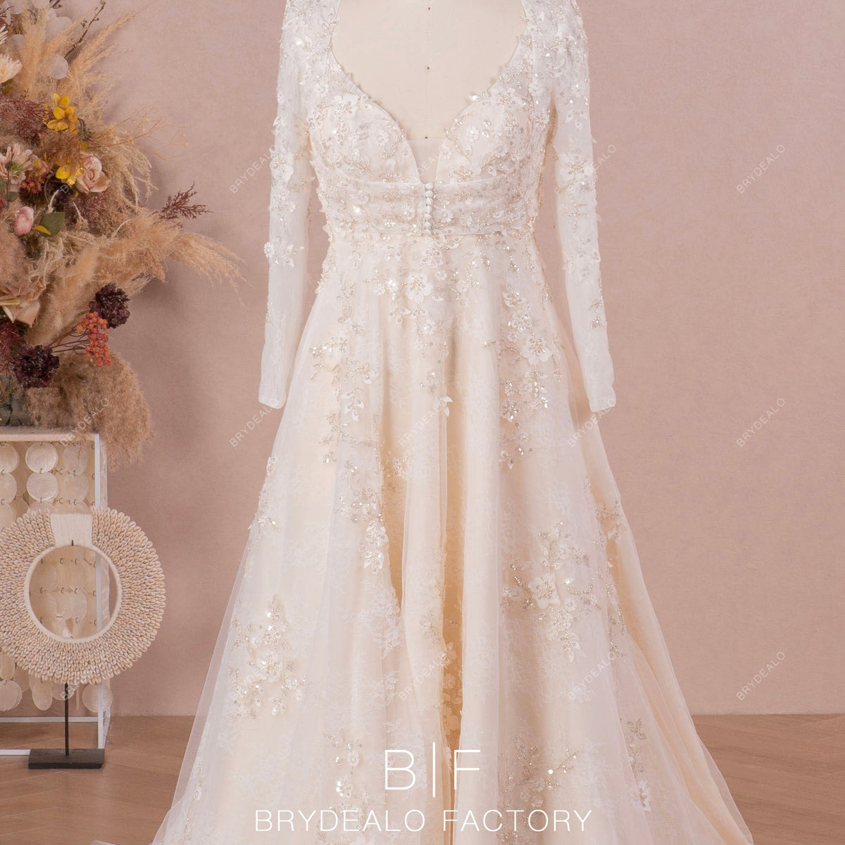 Designer 3D Flower Lace Champagne A-line Wedding Dress with Bolero, Champagne