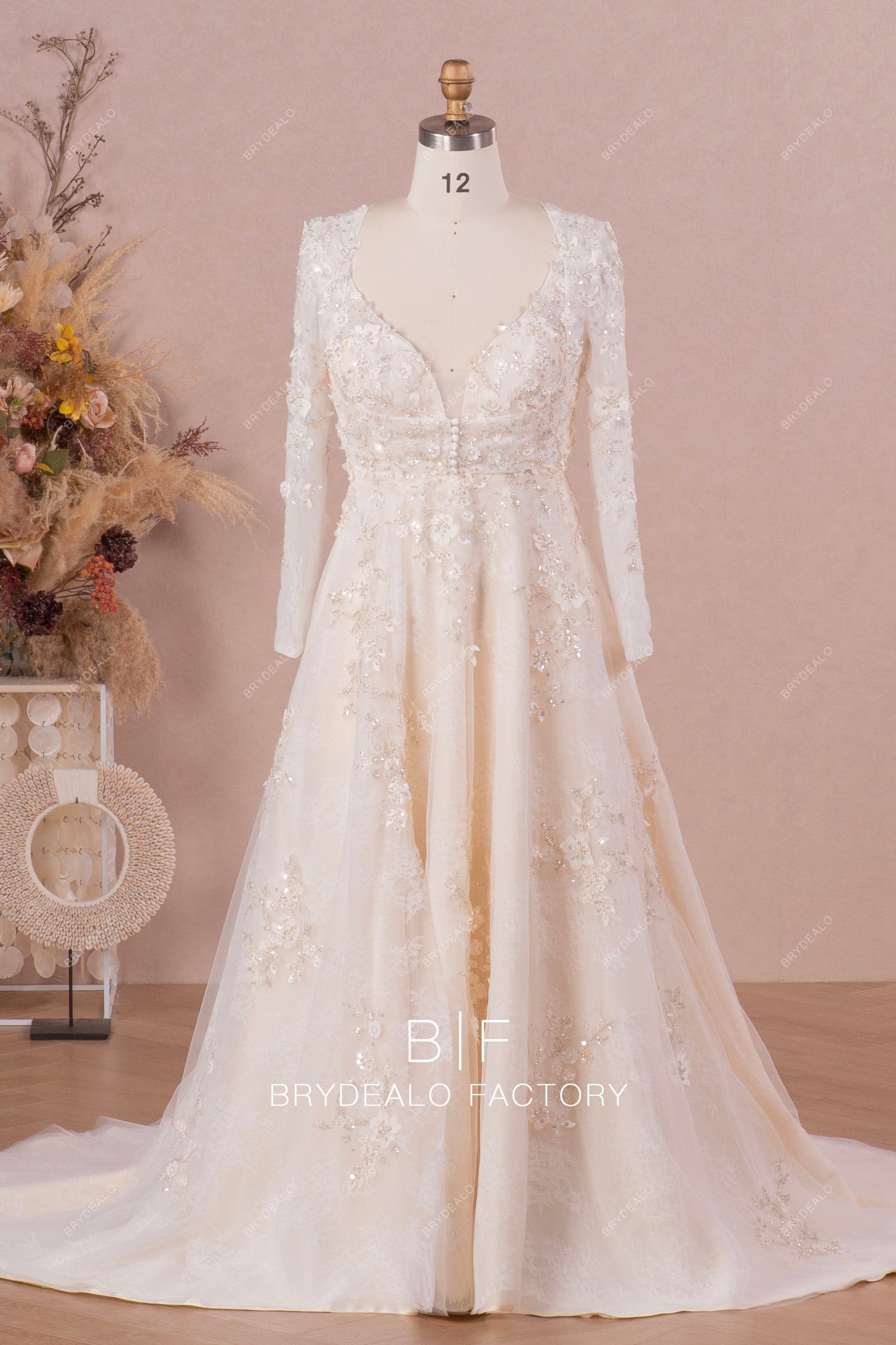 designer champagne 3D flower lace wedding dress with bolero