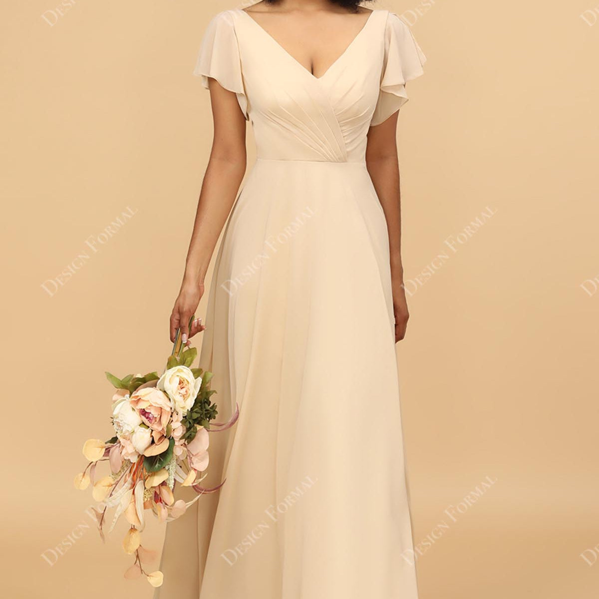 Champagne Chiffon Flutter Sleeves V-neck A-line Bridesmaid Prom Dress