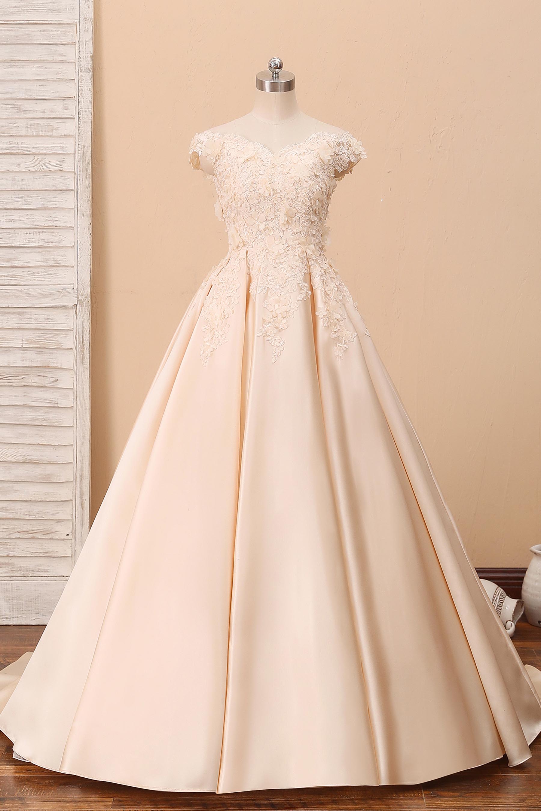 champagne ball gown 3D lace off-shoulder wedding dress