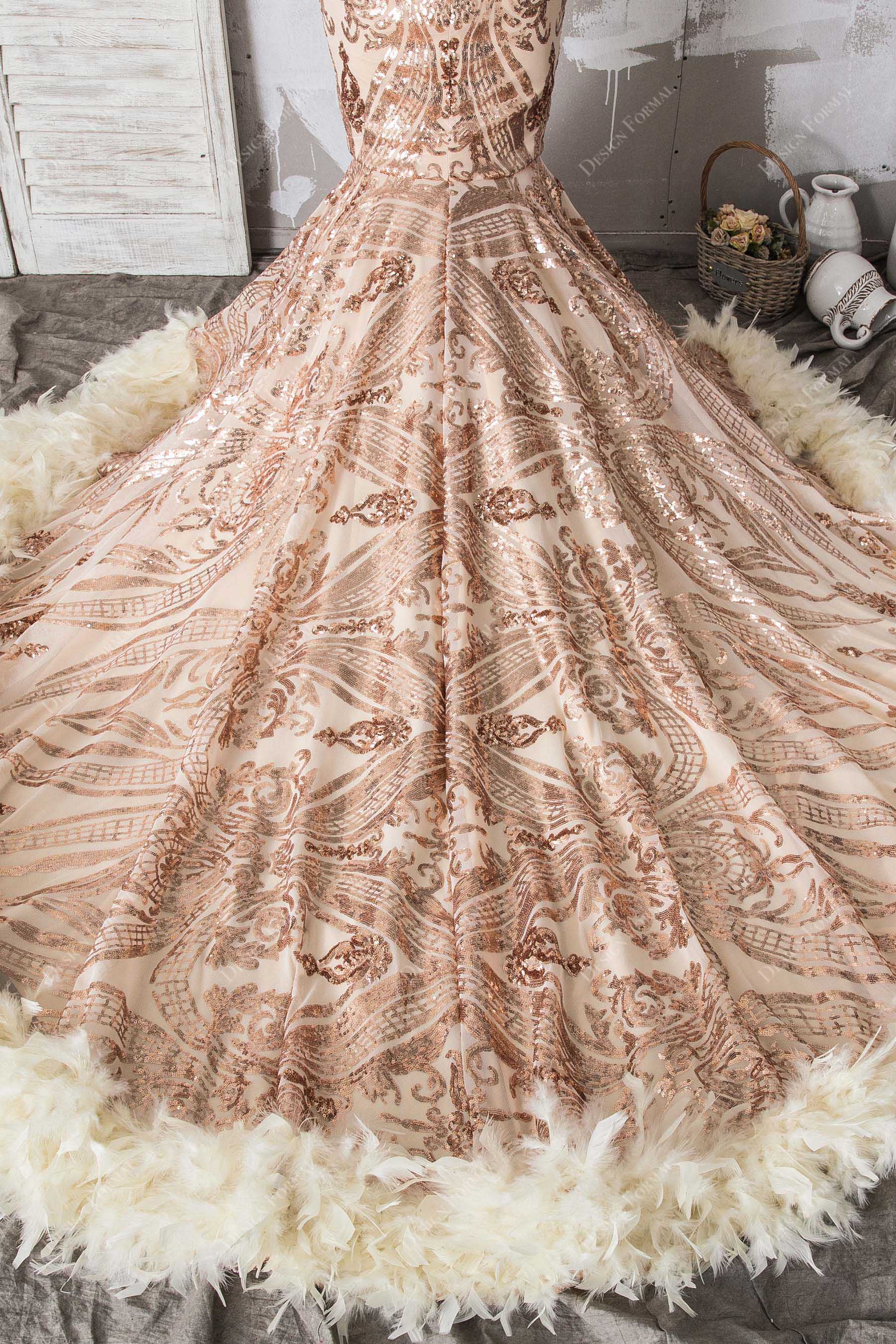 champagne feathered long train gown