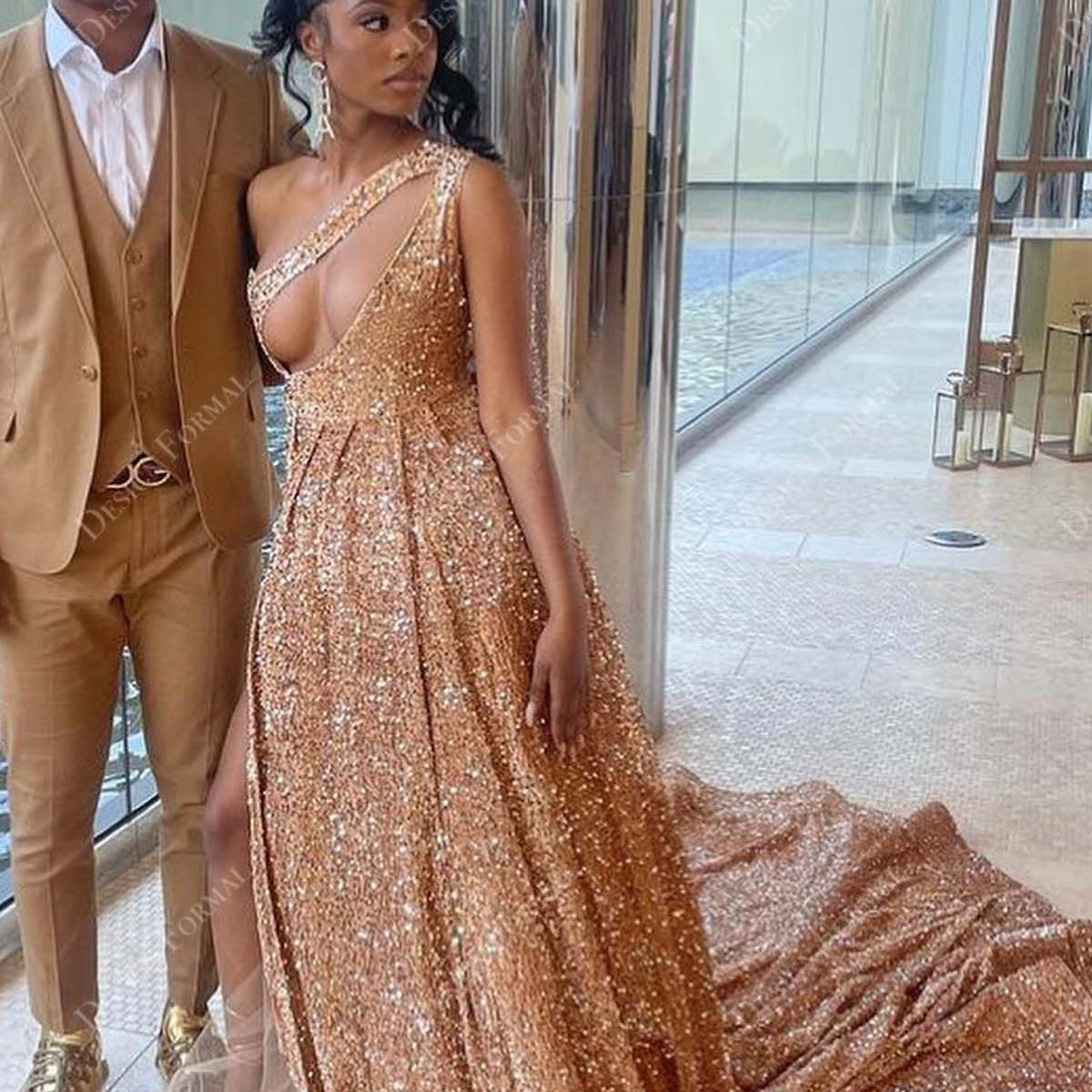 Champagne Sequin One Shoulder Cutout Slit Custom Prom Gown Champagne Sequin One Shoulder Cutout Slit Custom Prom Gown