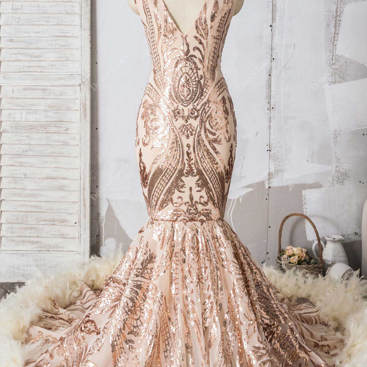 Champagne Sequin Turkey Feather Dramatic Trumpet Prom Dress