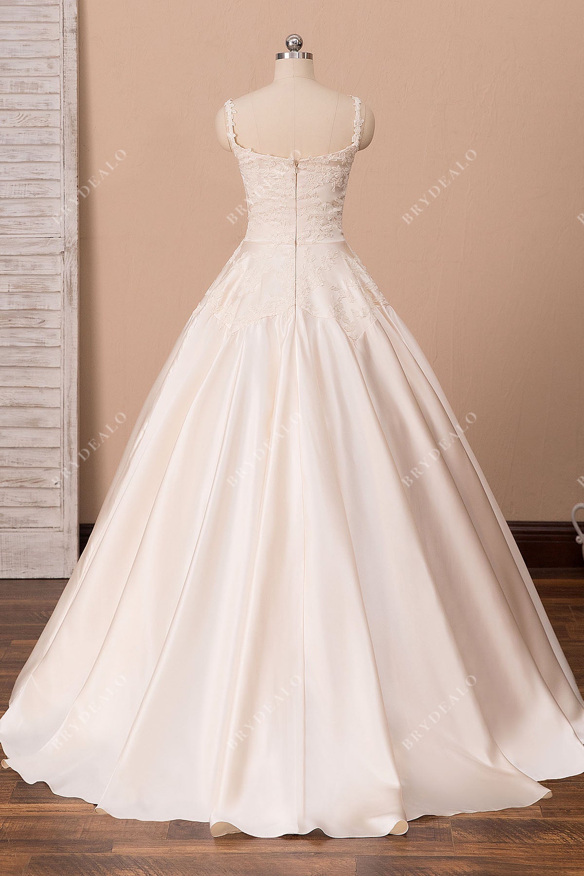 champagne thin straps ball gown satin bridal gown