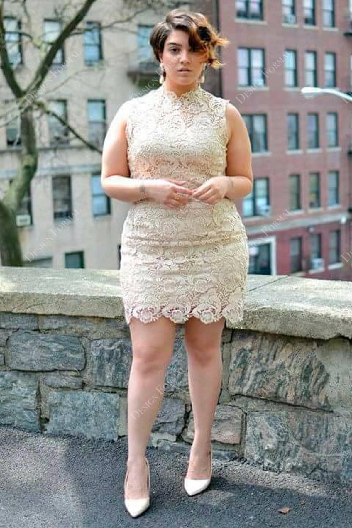 champagne lace mini length mother of the bride dress