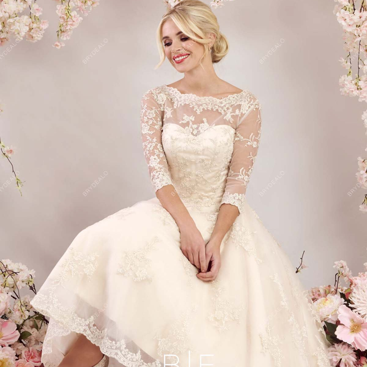 Champagne Lace Illusion Neck Sheer Sleeve Tea Length Wedding Dress, White Champagne Lace Illusion Neck Sheer Sleeve Tea Length Wedding Dress, White