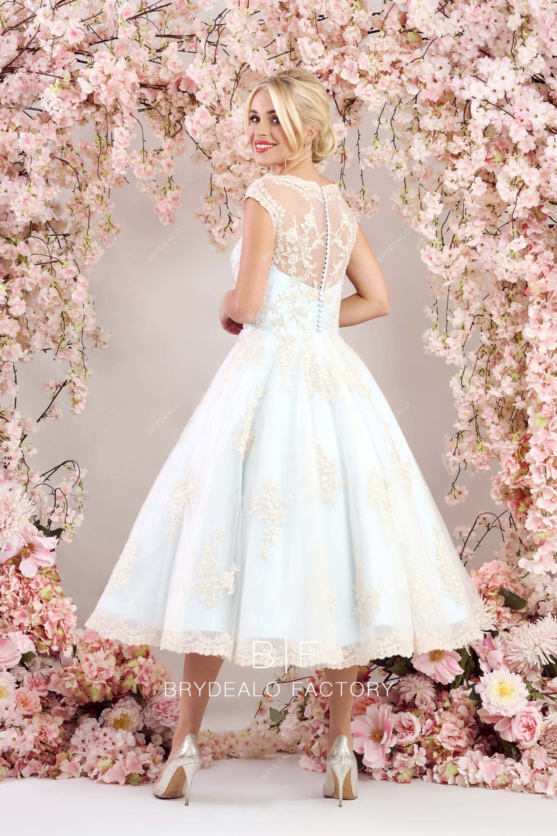 custom champagne lace tea length informal bridal gown