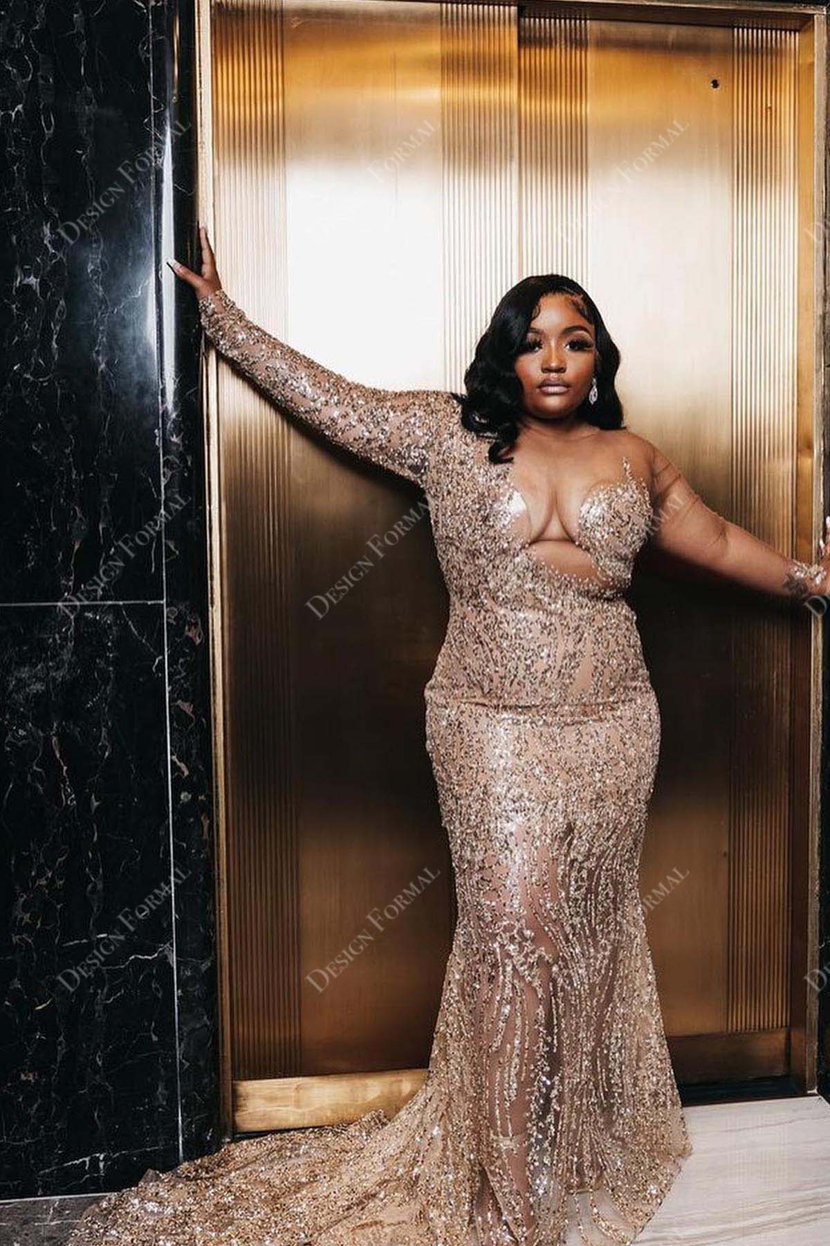 champagne sequin one sleeve sheer mermaid plus size prom dress