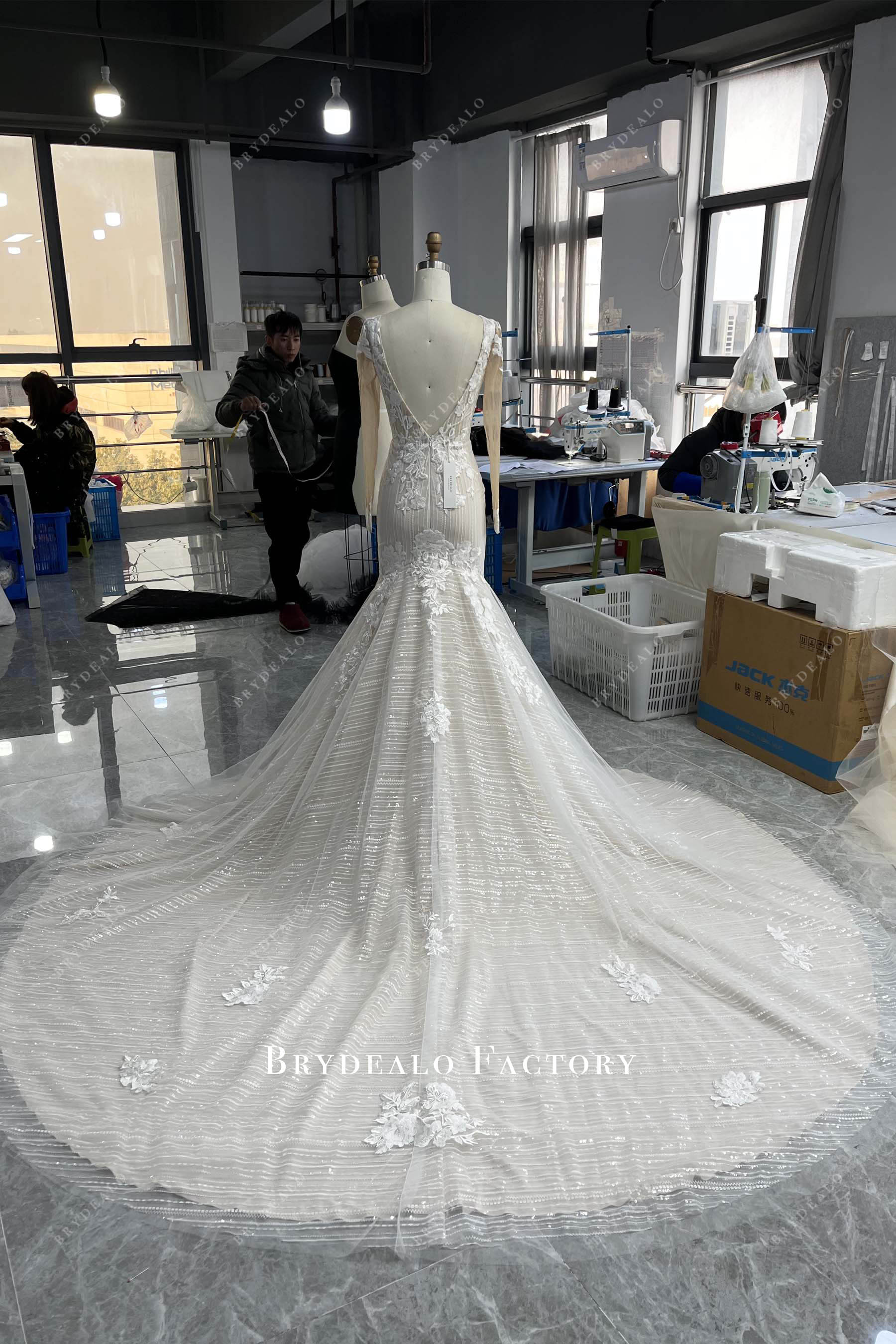 custom chapel train lace tailored long train bridal gown