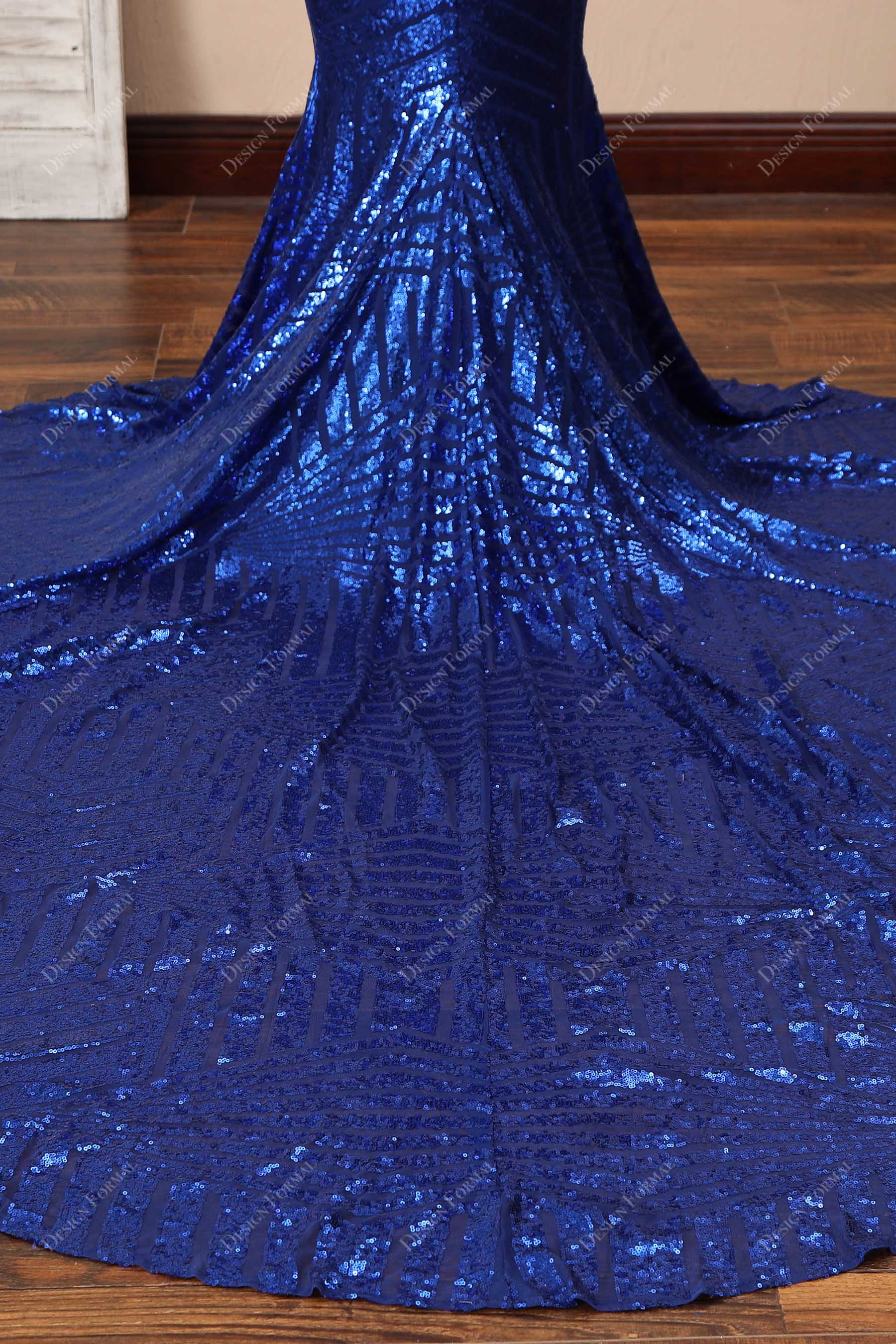chapel train mermaid royal blue sequin prom dress