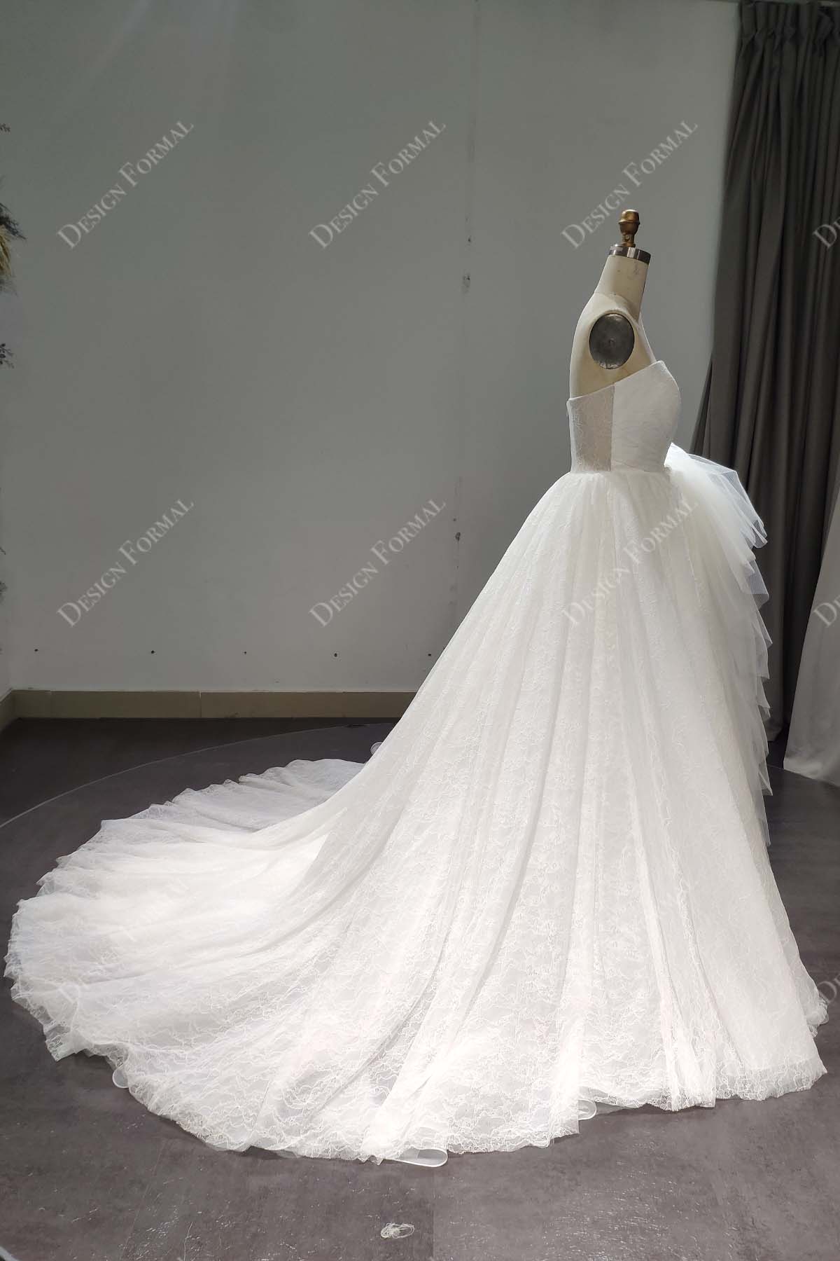chapel train strapless lace wedding ball gown
