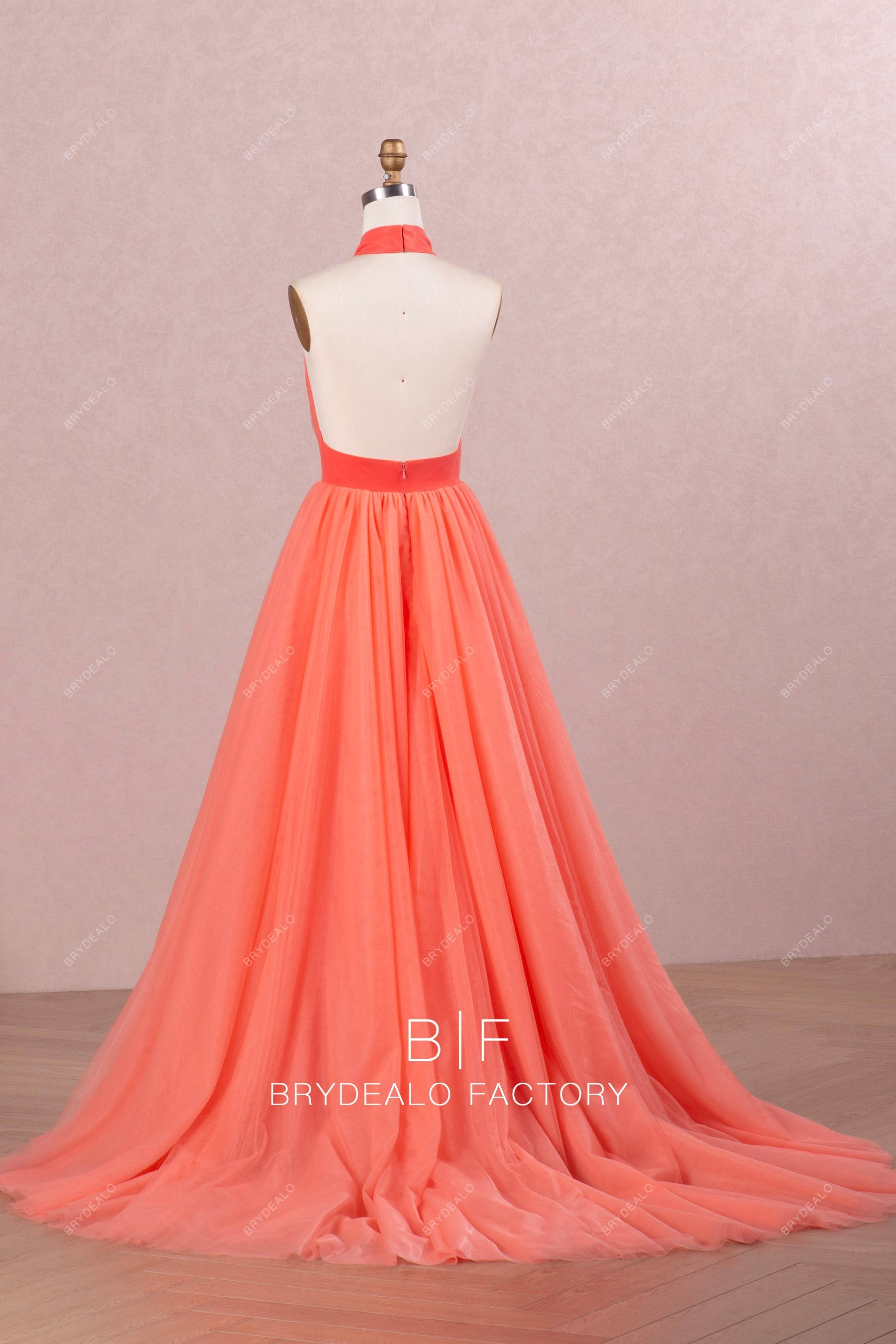 chapel train low back pink tulle prom dress