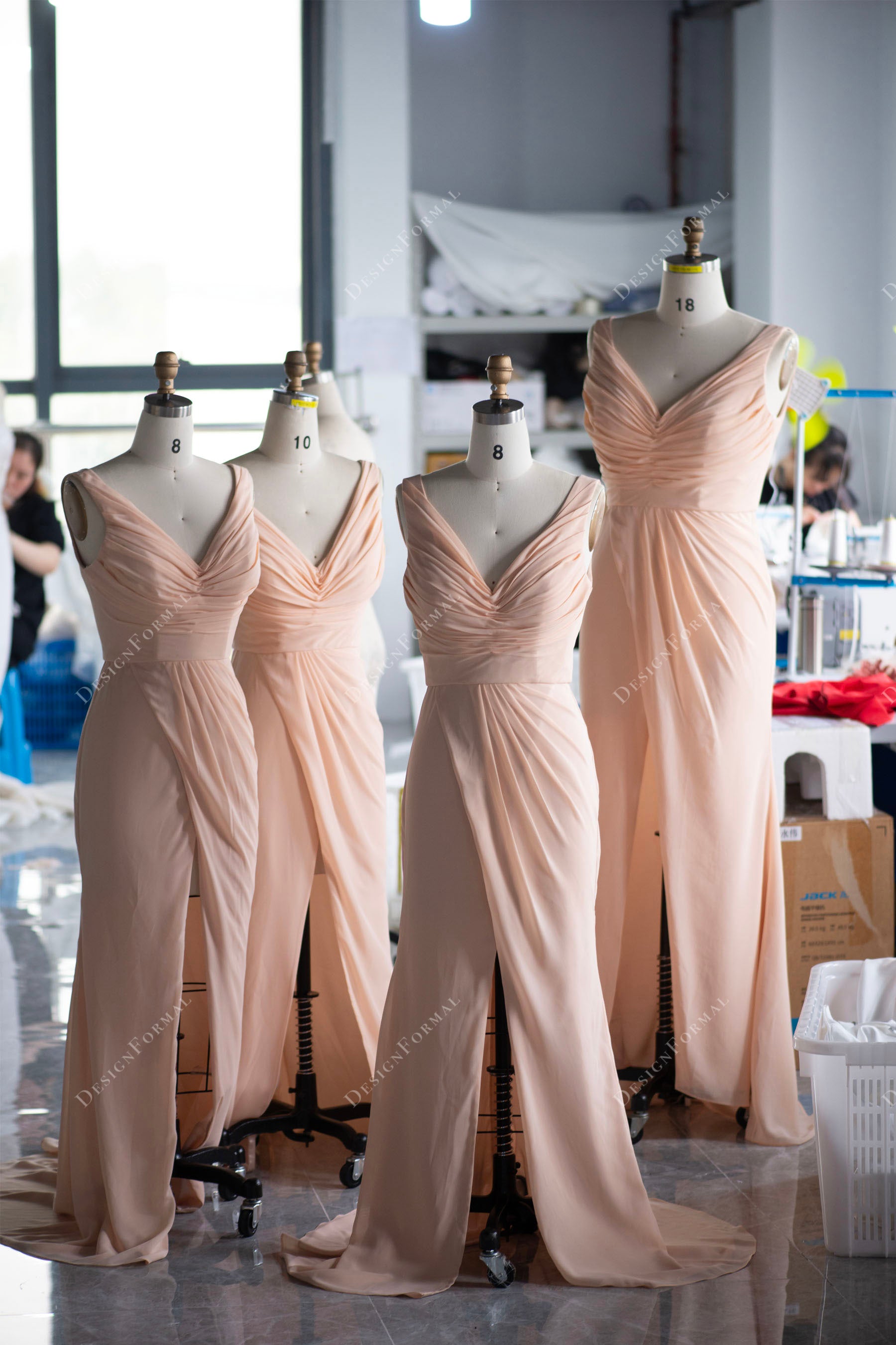 designer ruched V-neck peach chiffon slit bridesmaid dresses
