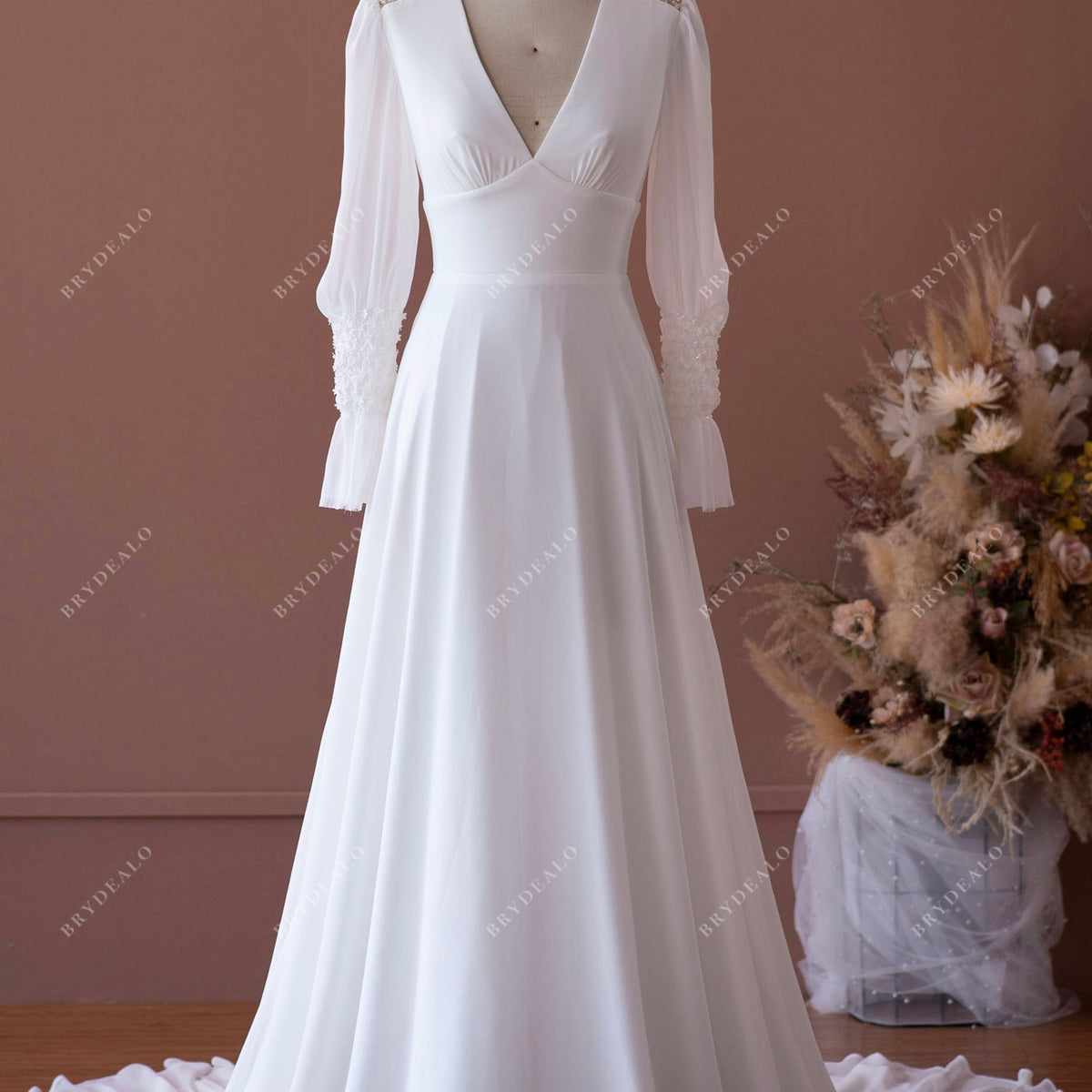 Designer Bubble Sleeve V-neck Vintage Beaded Chiffon Wedding Dress