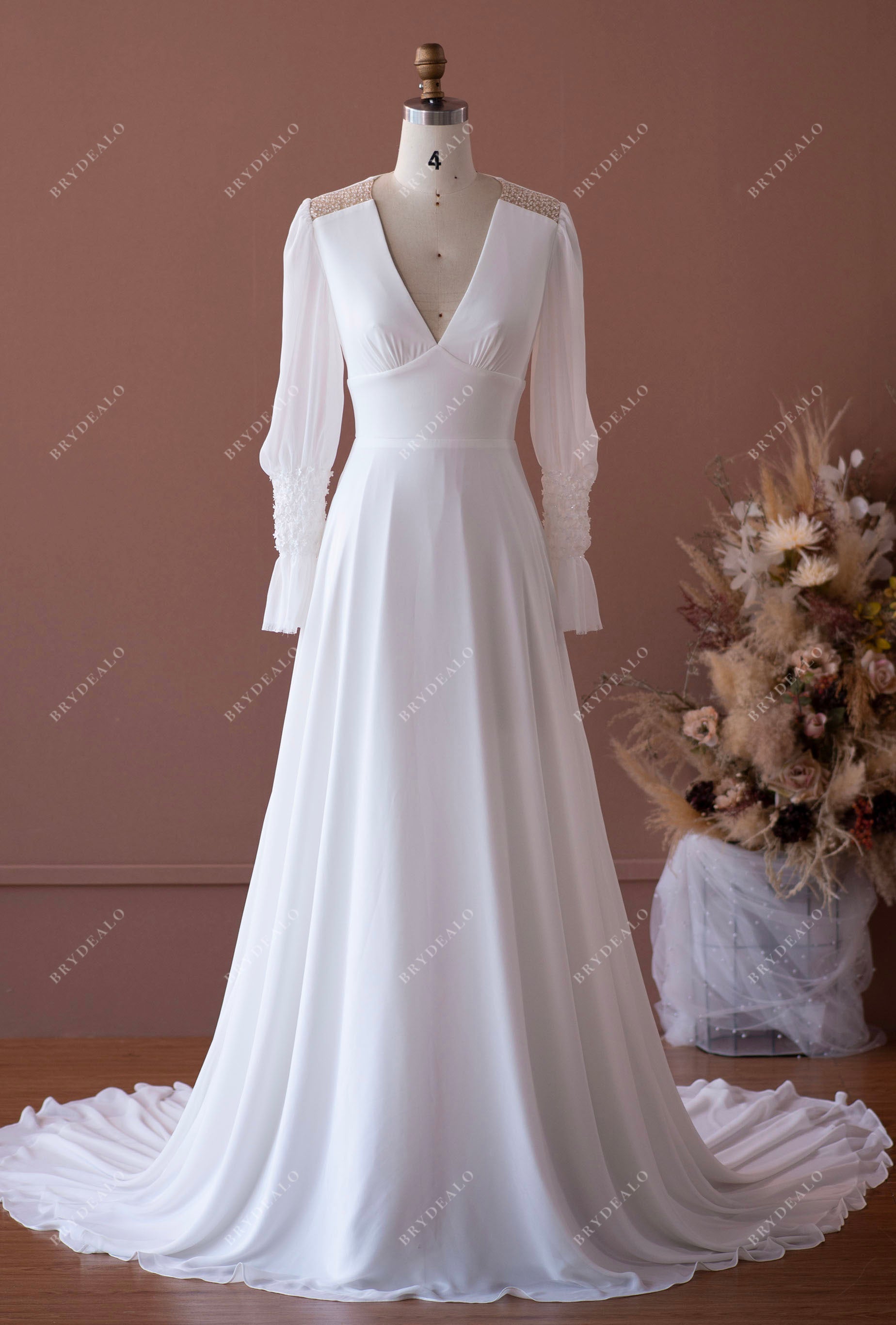 Designer Bubble Sleeve V-neck Beaded Chiffon Wedding Dress
