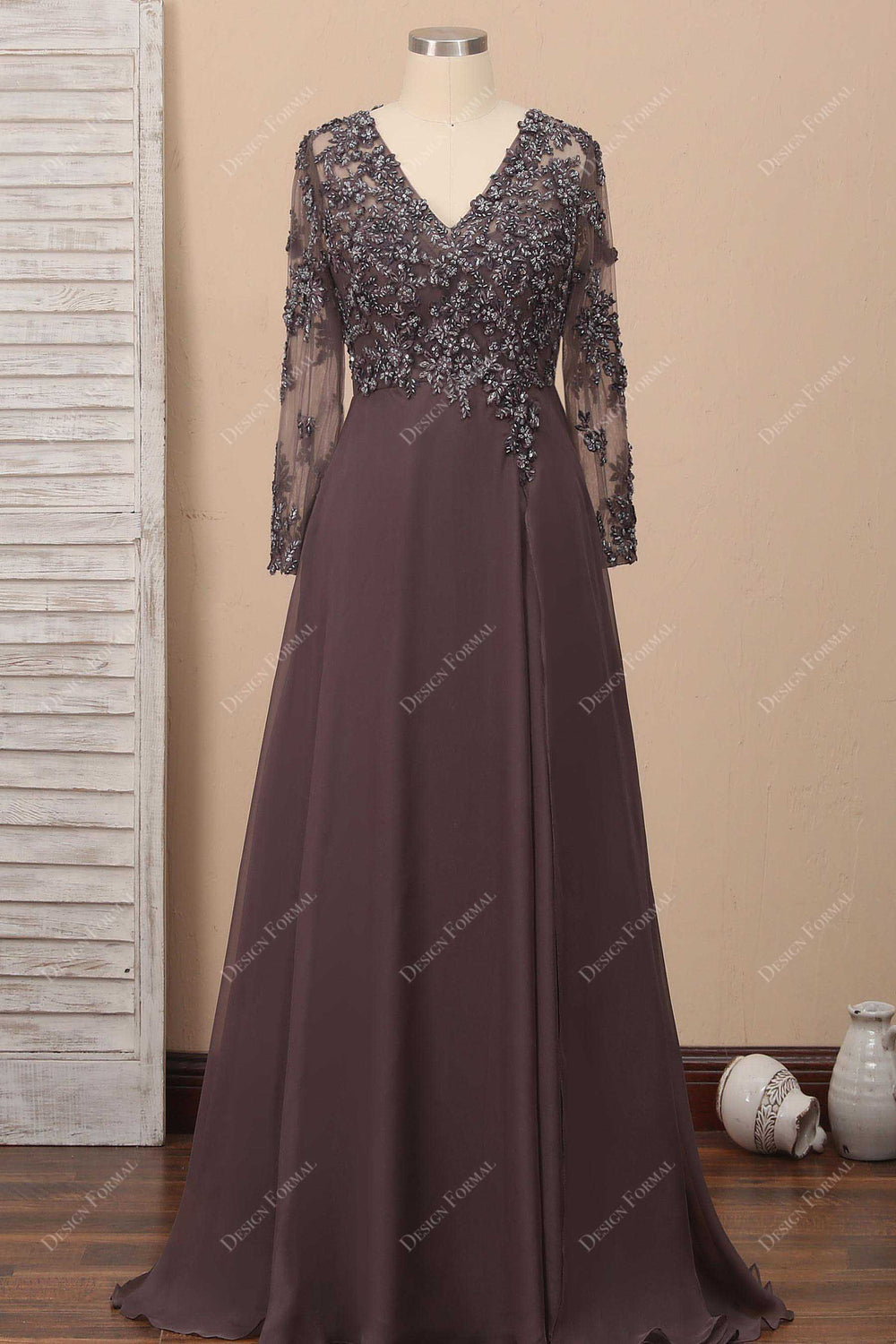 Sleek Fit Chiffon Evening Dress with Overlay Detail Brown main image 1