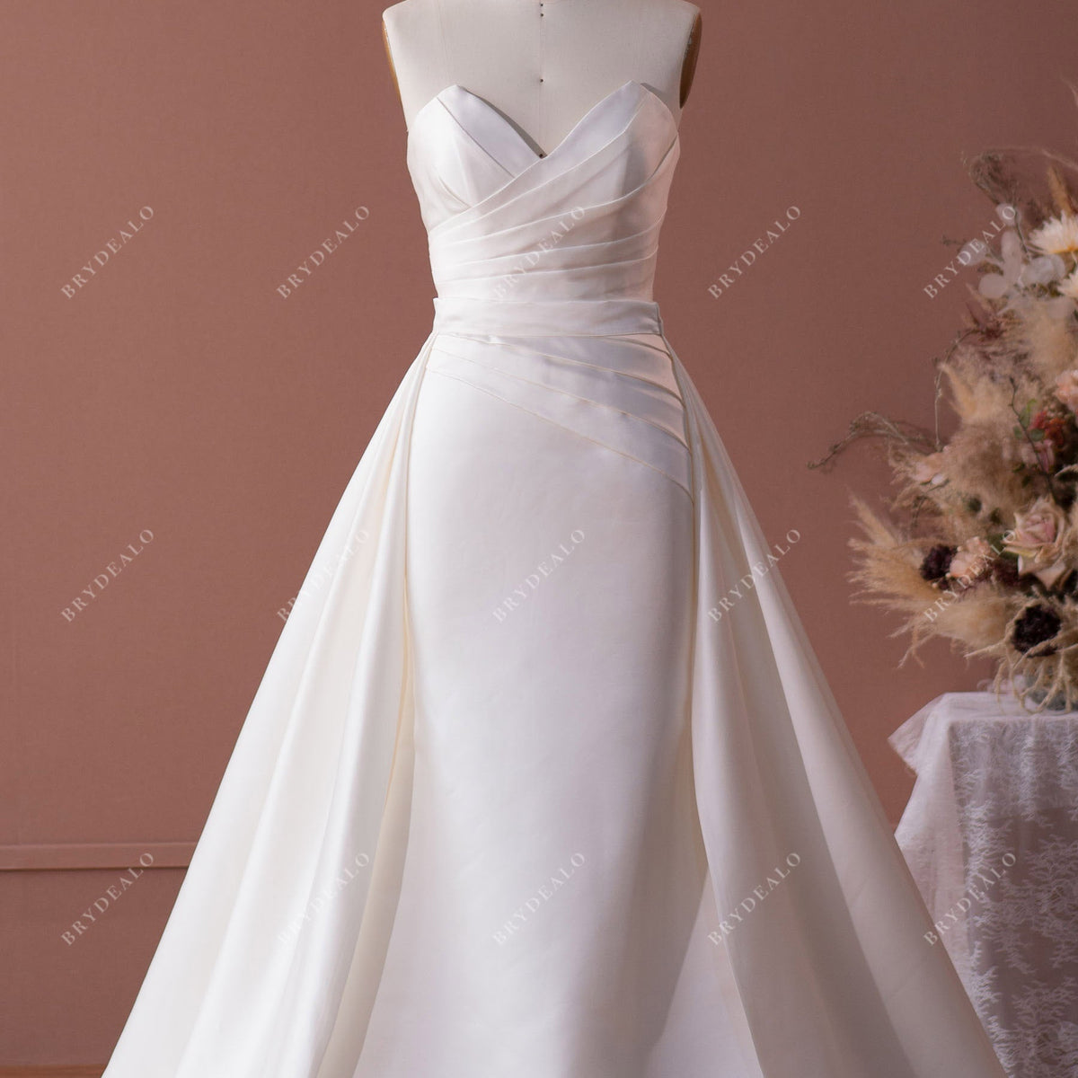 Ivory Classic V-cut Neck Satin Church Mermaid Bridal Gown Overskirt