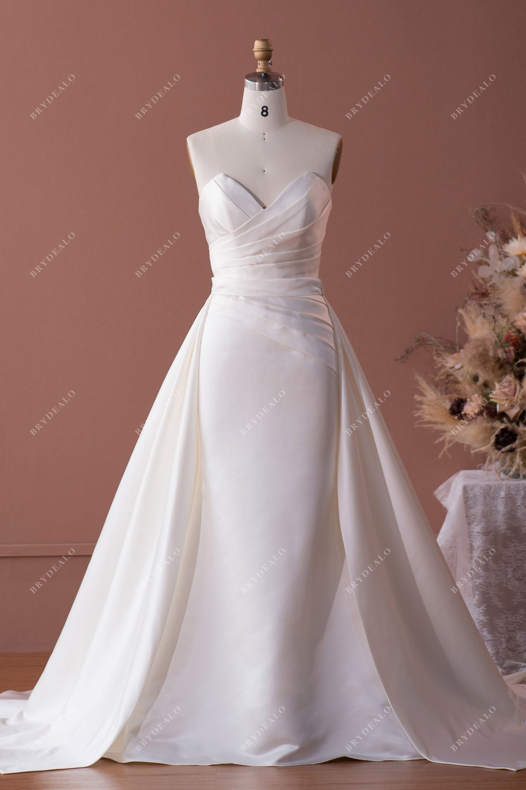 Classic V-cut Neck Satin Wedding Dress with Overskirt